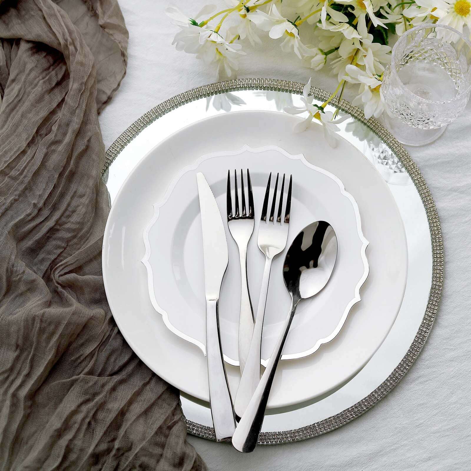 10-Pack Plastic 8 Round Desert Plates in White with Silver Scalloped Rim - Disposable Appetizer/Salad Plates