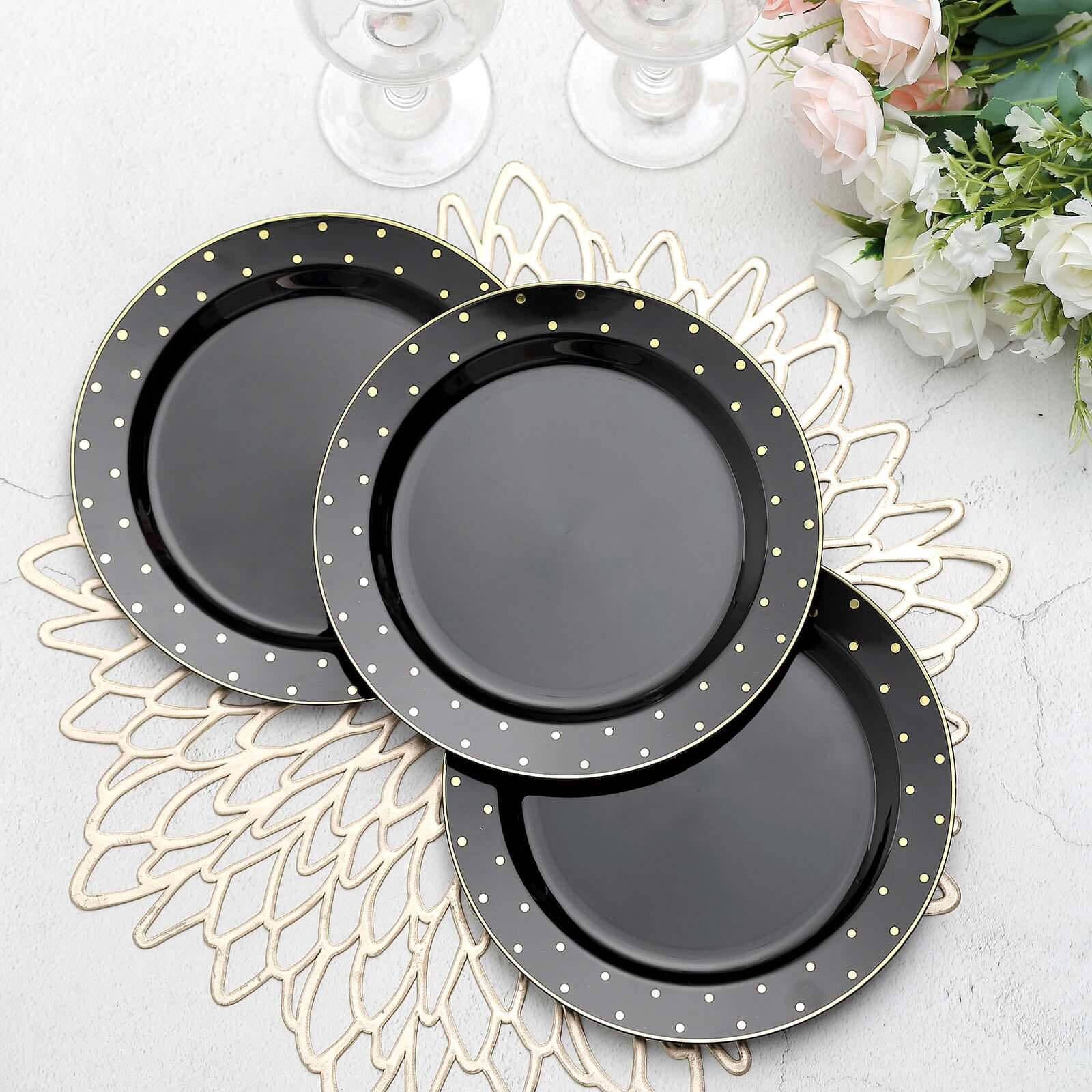 10 Pack 7.5 Black With Gold Dot Rim Plastic Dessert Plates, Round Salad Disposable Tableware Plates