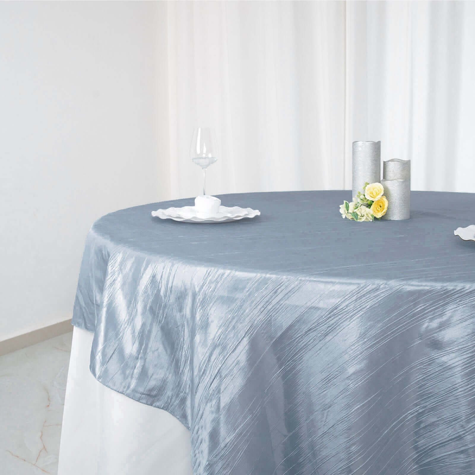 Taffeta 90x90 Table Overlay Square Tablecloth Dusty Blue - Accordion Crinkle Table Cover