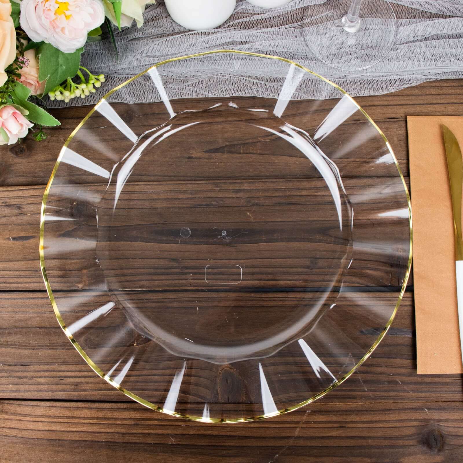 10-Pack Plastic 11 Round Dinner Plates in Clear Ruffled Rim with Gold Edging - Sturdy Disposable Dinnerware