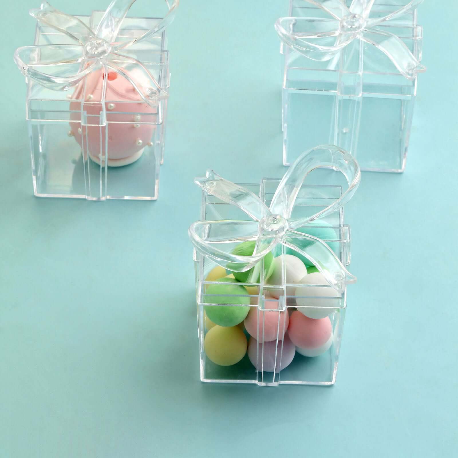 12 Pack 3 Square Clear Bow Top Plastic Party Favor Boxes, Transparent Candy Container Gift Boxes