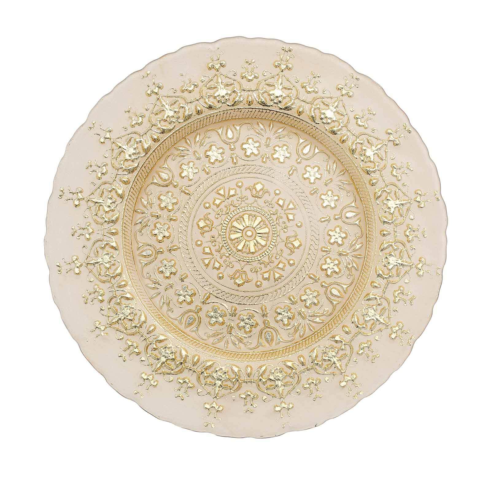 8-Pack Glass Round Charger Plates 13 in Gold with Monaco Style Ornate Design, Classy Decorative Dinner Chargers