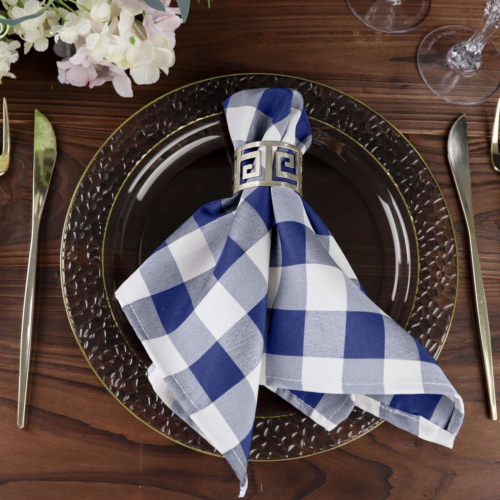 5 Pack Polyester 15x15 Napkins Navy Blue/White Buffalo Plaid Gingham Style Cloth Napkins