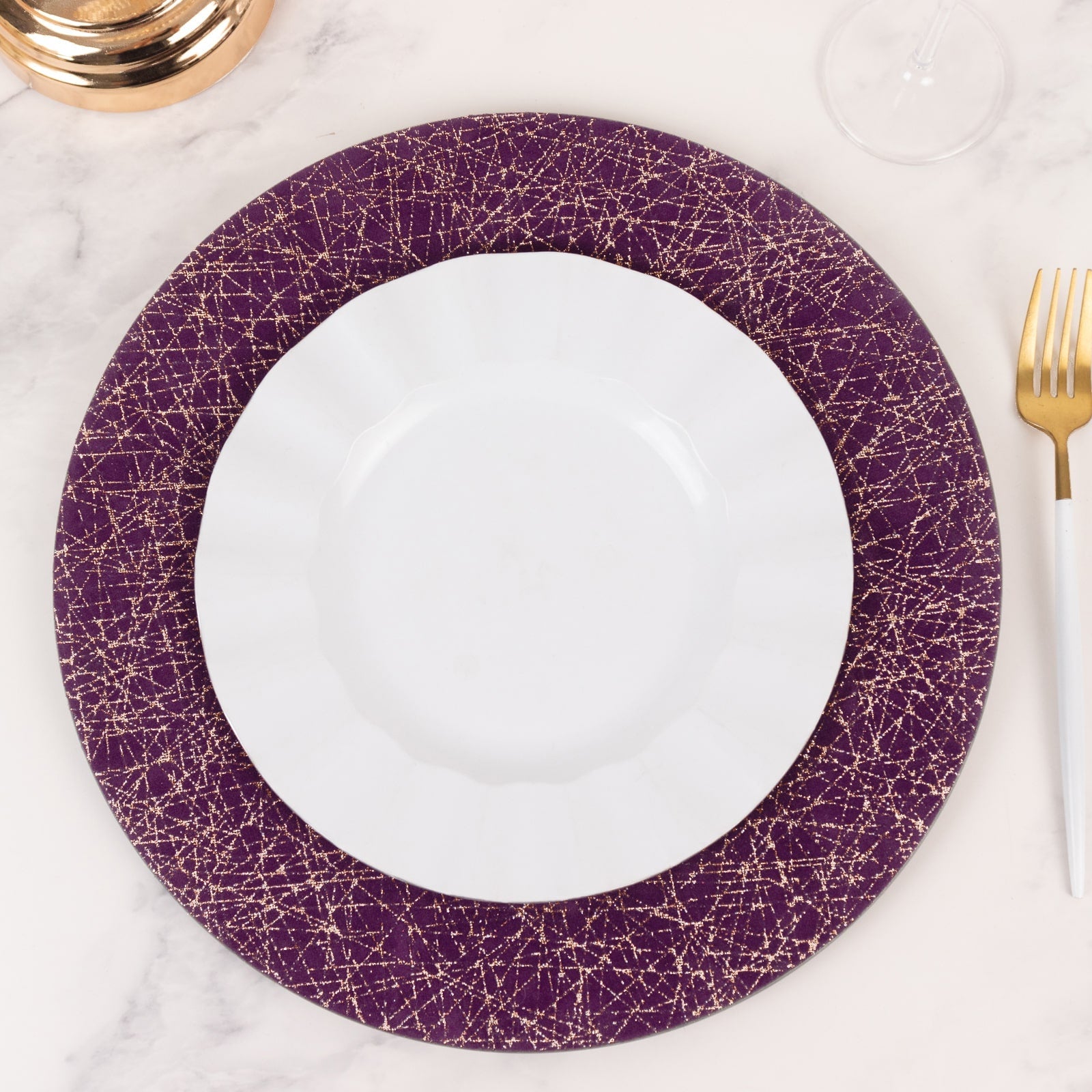 6-Pack Acrylic Round Charger Plates 13 in Purple with Gold Glitter Abstract Lines Pattern, Decorative Dinner Party Charger Tableware