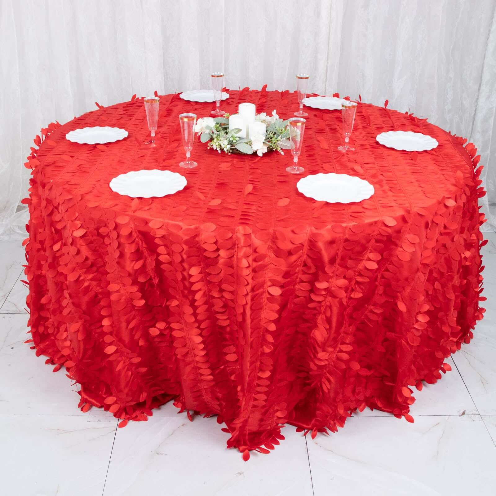 Taffeta 132 Round Tablecloth Red Leaf | 3D Leaf Petal Design Seamless Table Cover