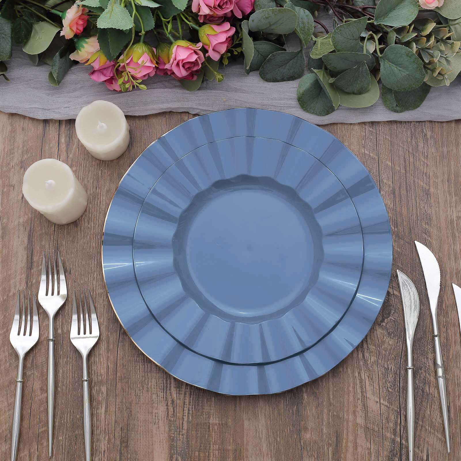 10-Pack Plastic 11 Round Dinner Plates in Ocean Blue Ruffled Rim with Gold Edging - Sturdy Disposable Dinnerware