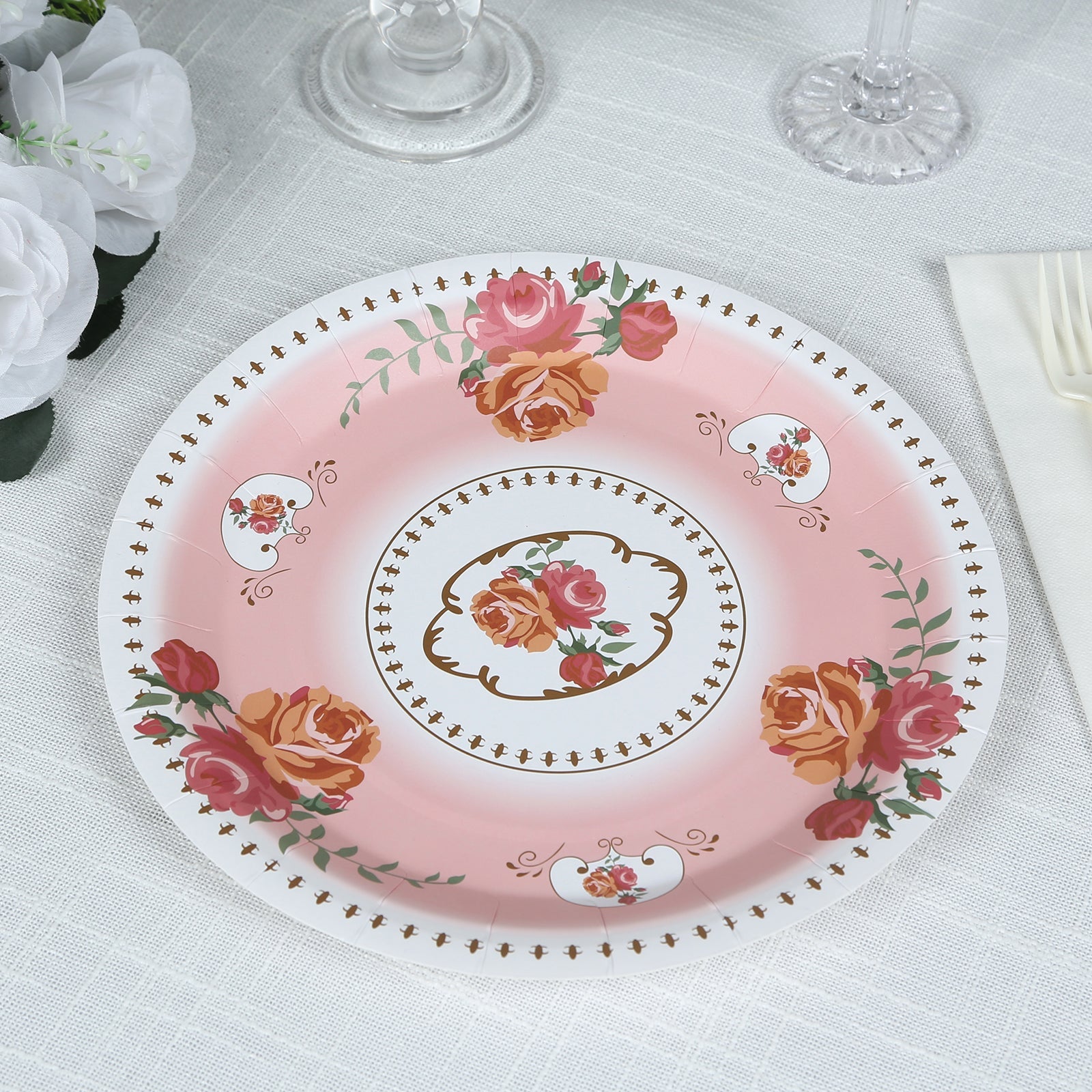 25-Pack Paper 9 Round Dinner Plates in Dusty Rose with Vintage Rose Flower Print - Disposable Plates