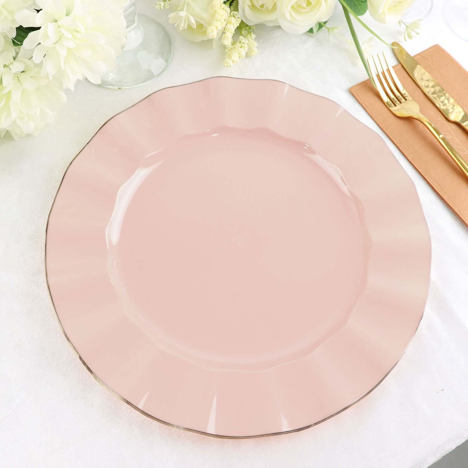 10-Pack Plastic 11 Round Dinner Plates in Blush Ruffled Rim with Gold Edging - Sturdy Disposable Dinnerware