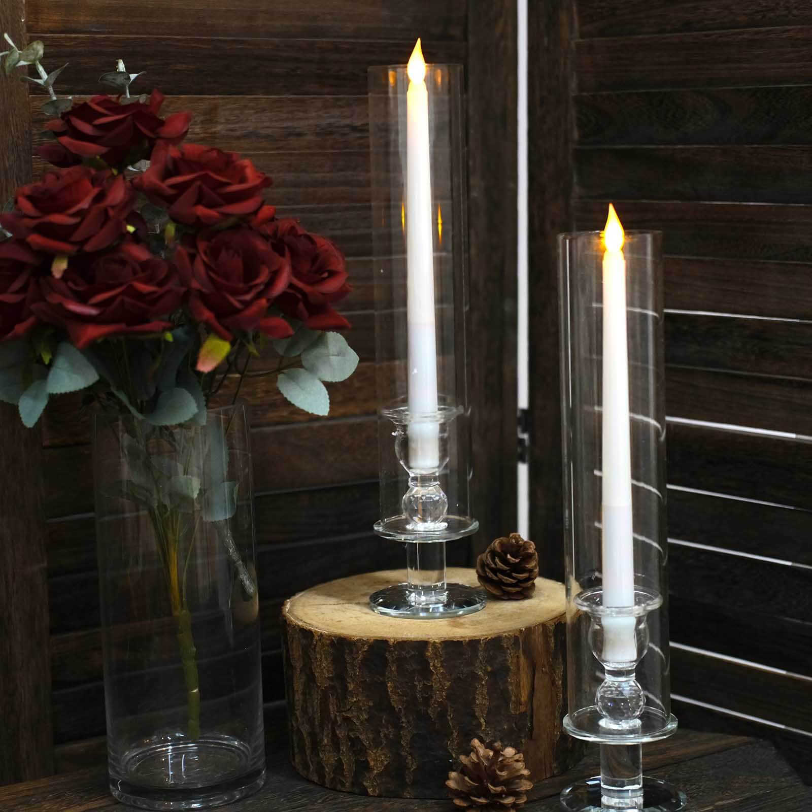 2-Pack Crystal Hurricane Taper Candle Holders, Tall Decorative Candle Stands Clear Cylinder Chimney Tubes 14