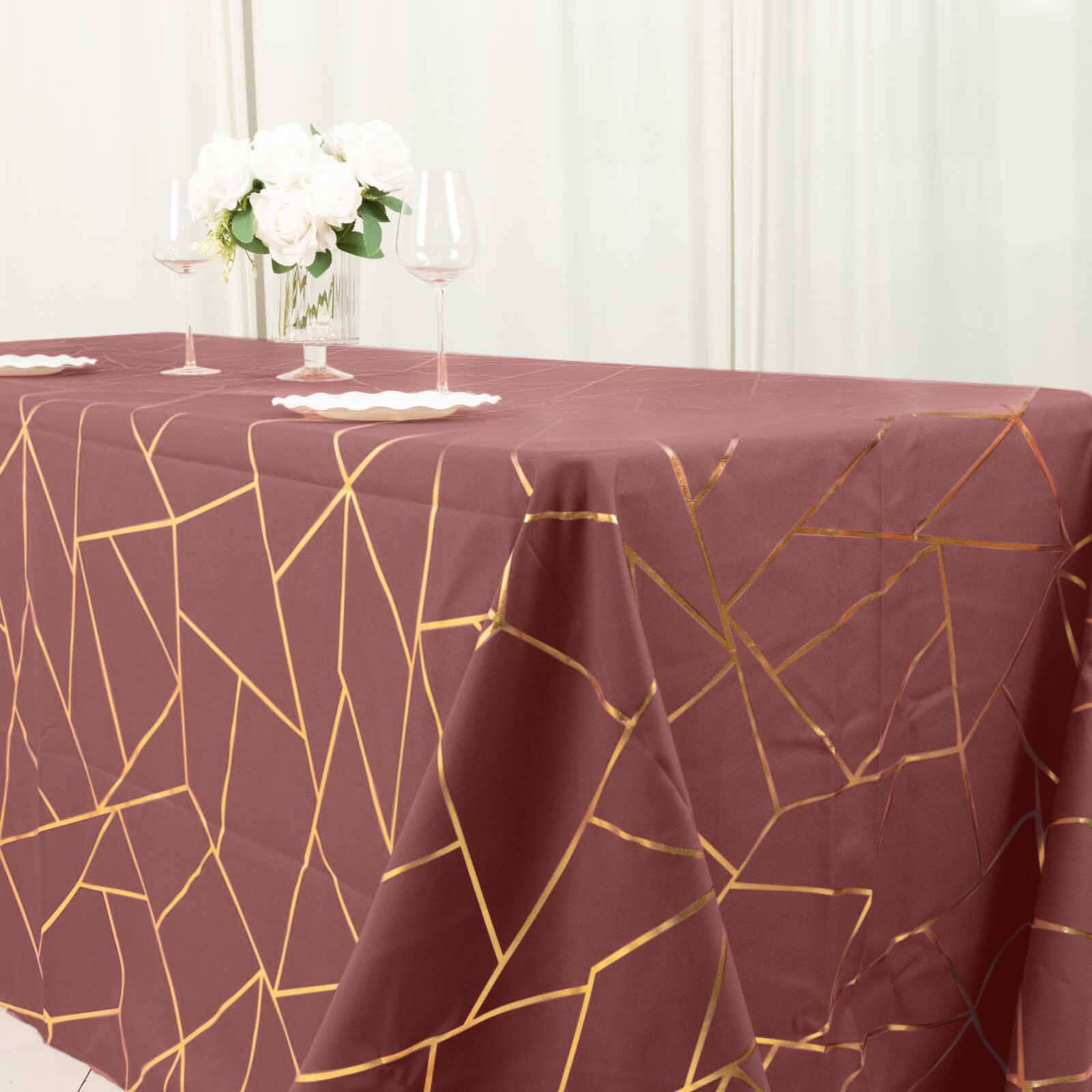 Polyester 60x132 Rectangle Tablecloth Cinnamon Rose with Gold Foil Geometric Pattern - Wrinkle-Resistant and Durable Table Cover for Weddings & Events