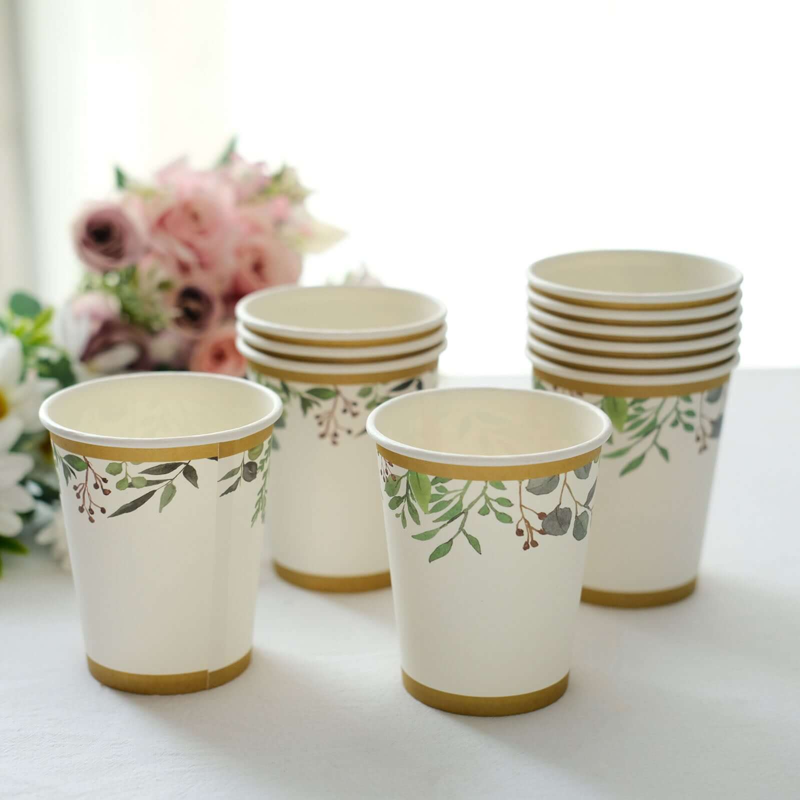 24 Pack 9oz White Tropical Greenery Gold Trim Party Paper Cups, Eucalyptus Disposable Cups With Gold Rim - 250 GSM