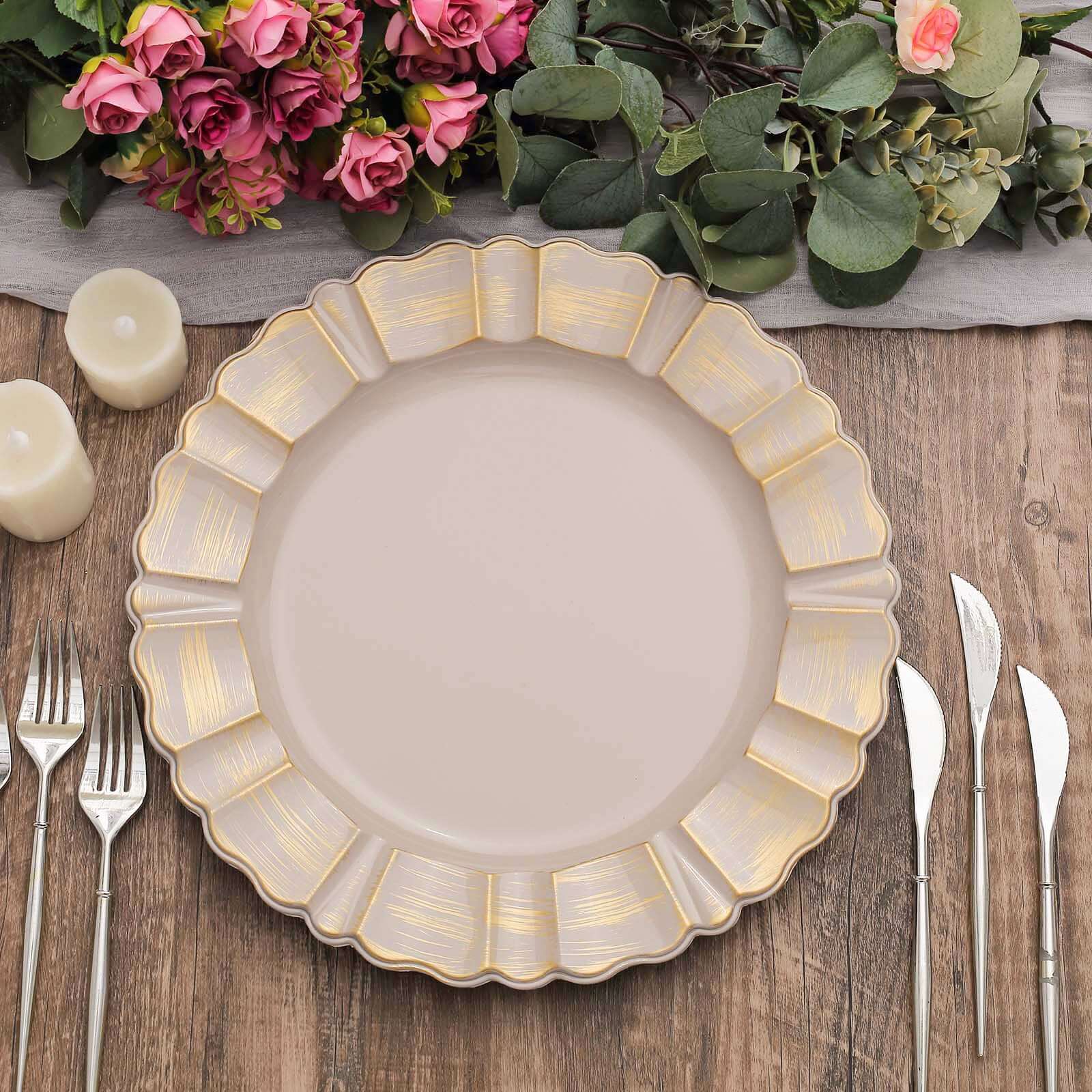 6-Pack Acrylic Plastic Round Charger Plates 13 in Nude Taupe with Gold Brushed Wavy Scalloped Rim, Decorative Dinner Party Charger Tableware