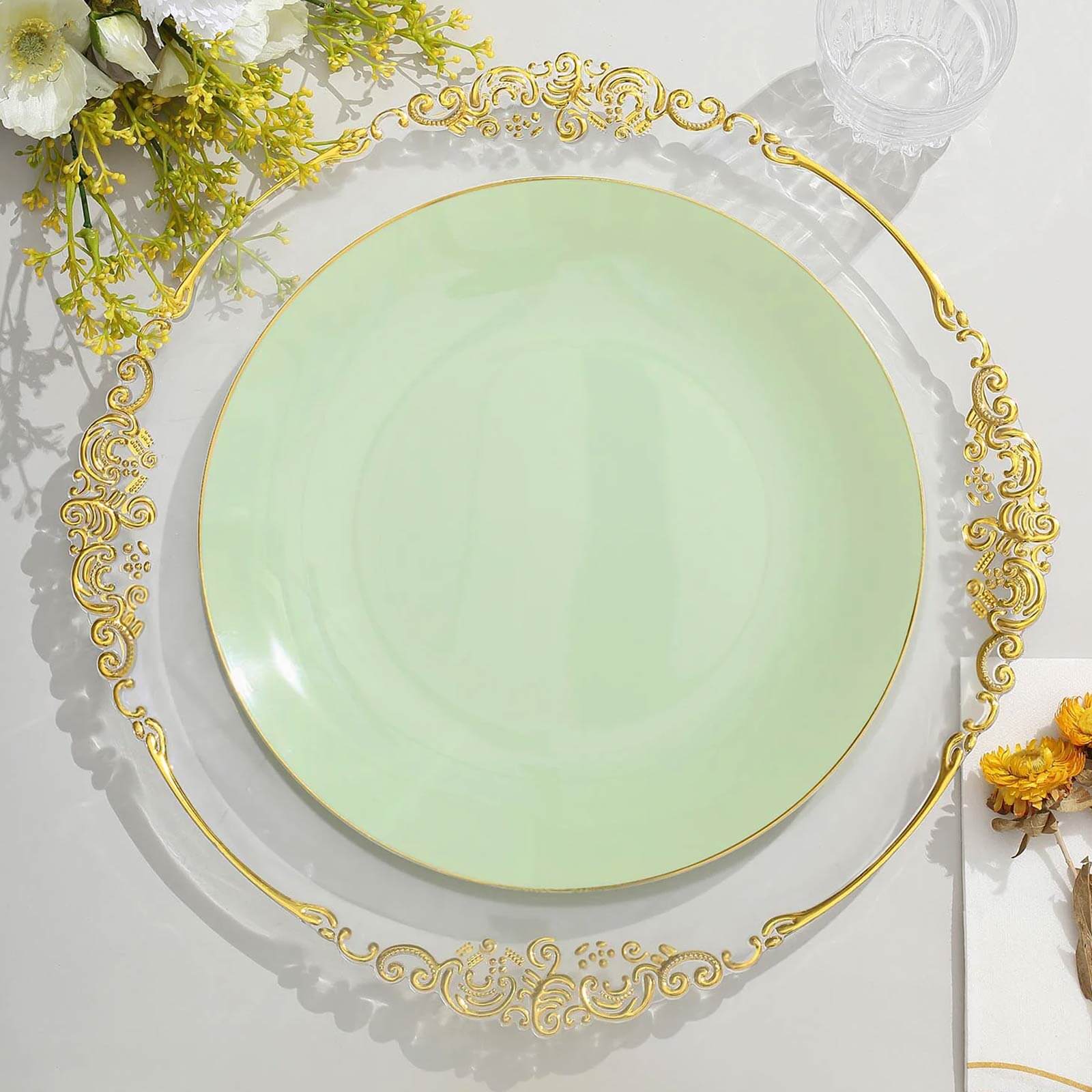 10-Pack Plastic 10 Round Dinner Plates in Sage Green with Gold Rim - Glossy Disposable Party Plates