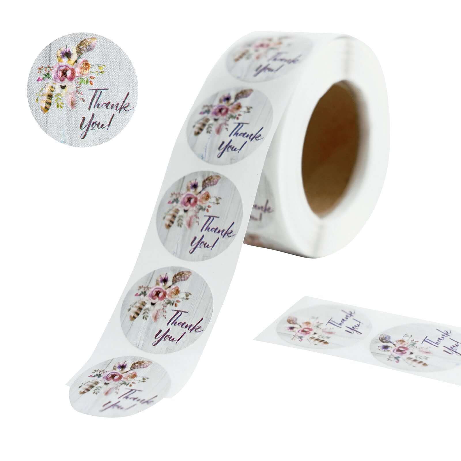 500Pcs 1 Thank You Rustic Floral Boho Chic Stickers Roll, Labels For DIY Envelope Seal - Round