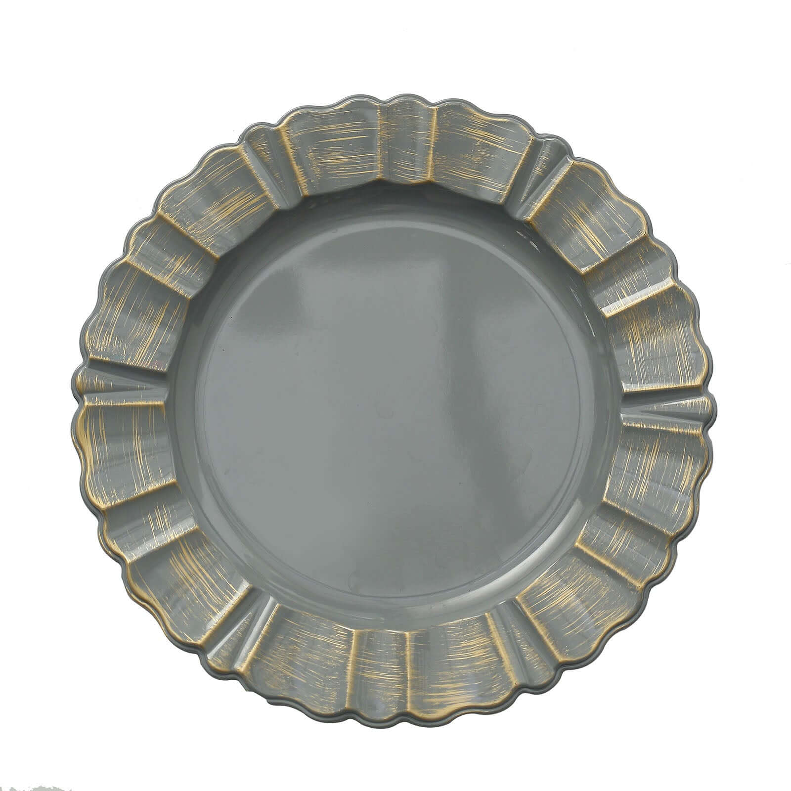 6-Pack Acrylic Plastic Round Charger Plates 13 in Charcoal Gray with Gold Brushed Wavy Scalloped Rim, Decorative Dinner Party Charger Tableware