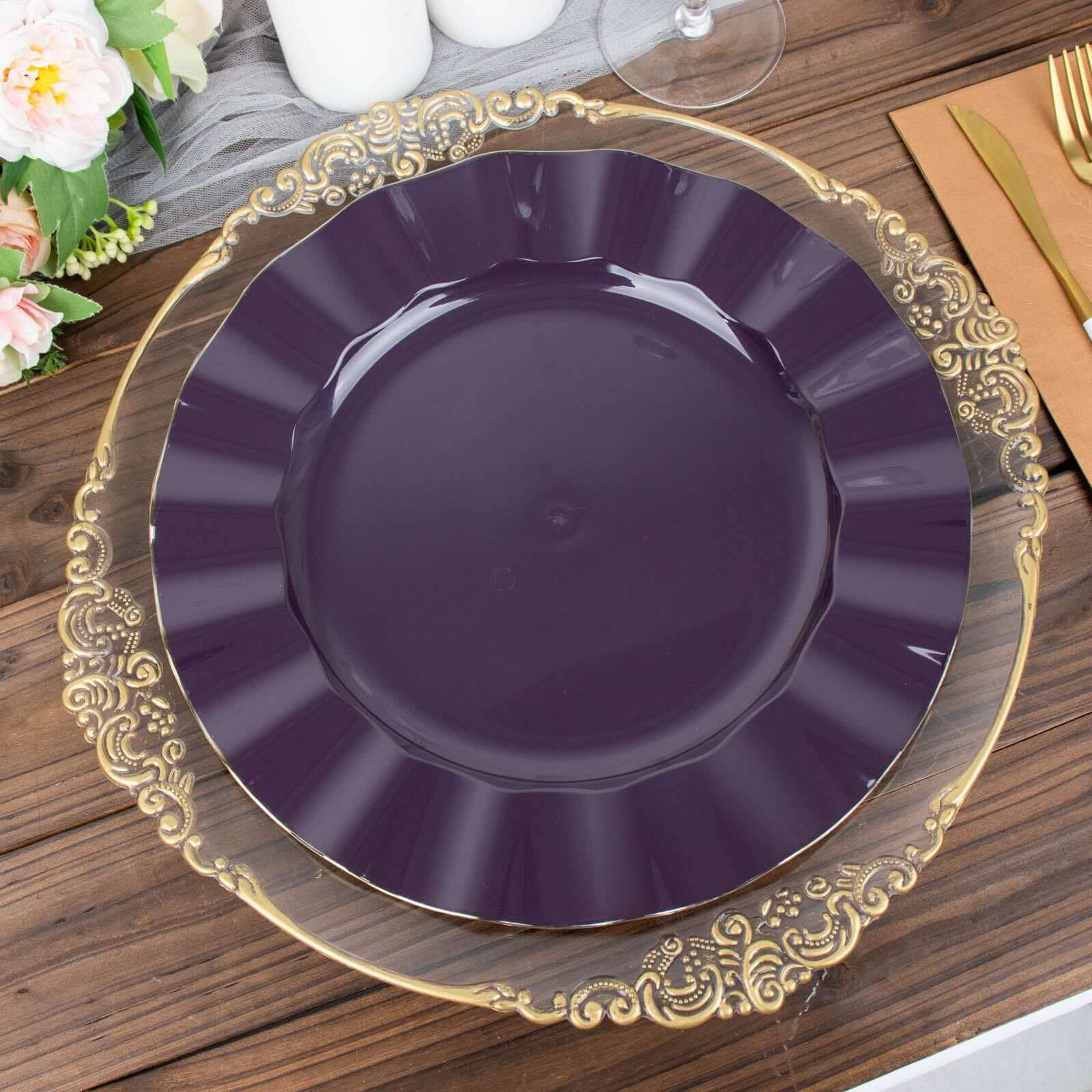 10-Pack Plastic 11 Round Dinner Plates in Purple Ruffled Rim with Gold Edging - Sturdy Disposable Dinnerware