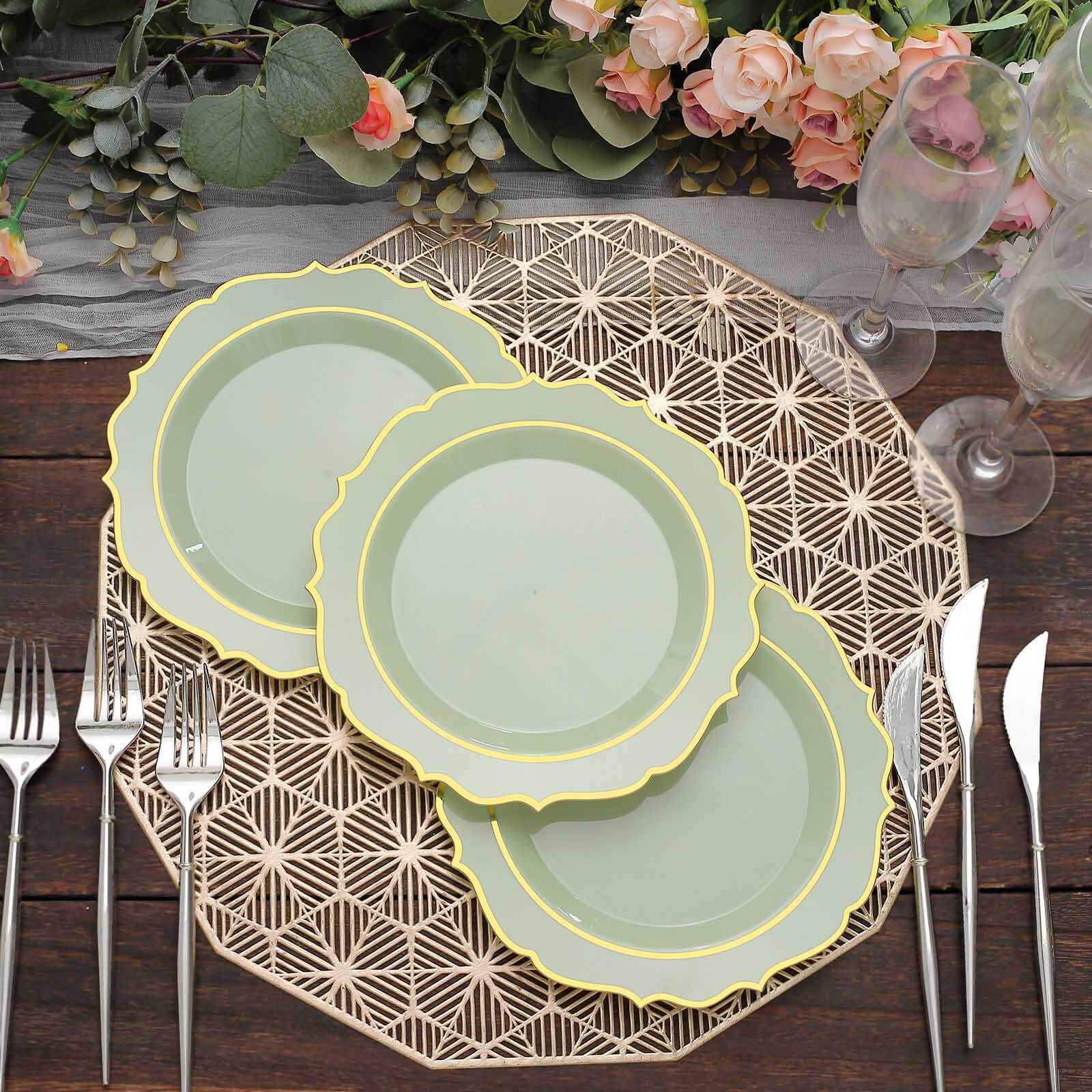 10-Pack Plastic 8 Round Desert Plates in Sage Green with Gold Scalloped Rim - Disposable Appetizer/Salad Plates