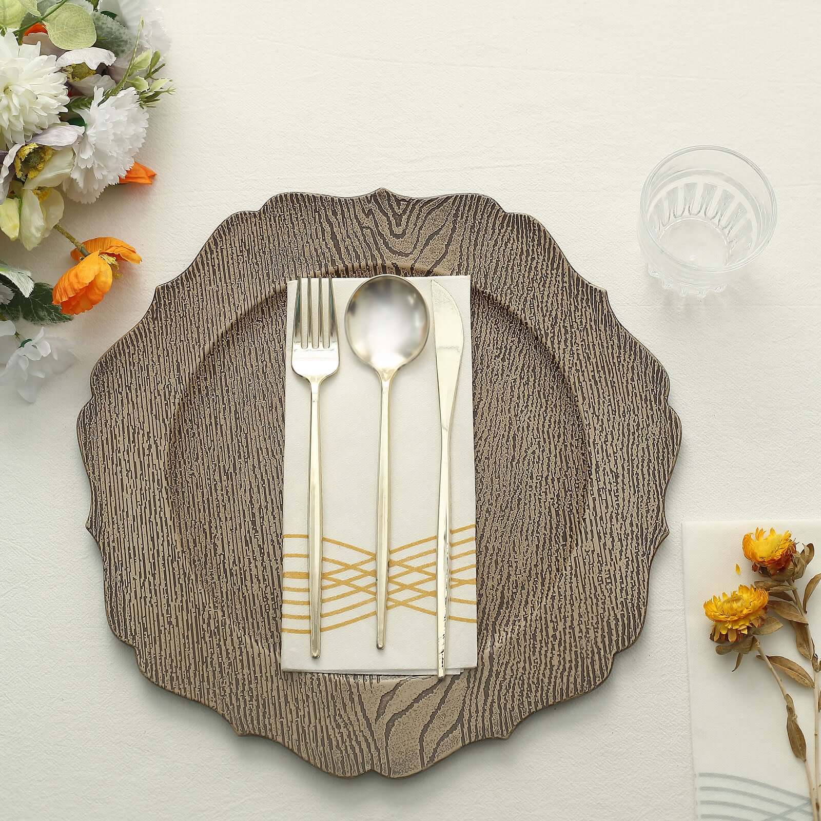 6-Pack Acrylic Round Charger Plates 13 in Rustic Natural with Wood Grain Scalloped Rim, Decorative Dinner Party Charger Tableware