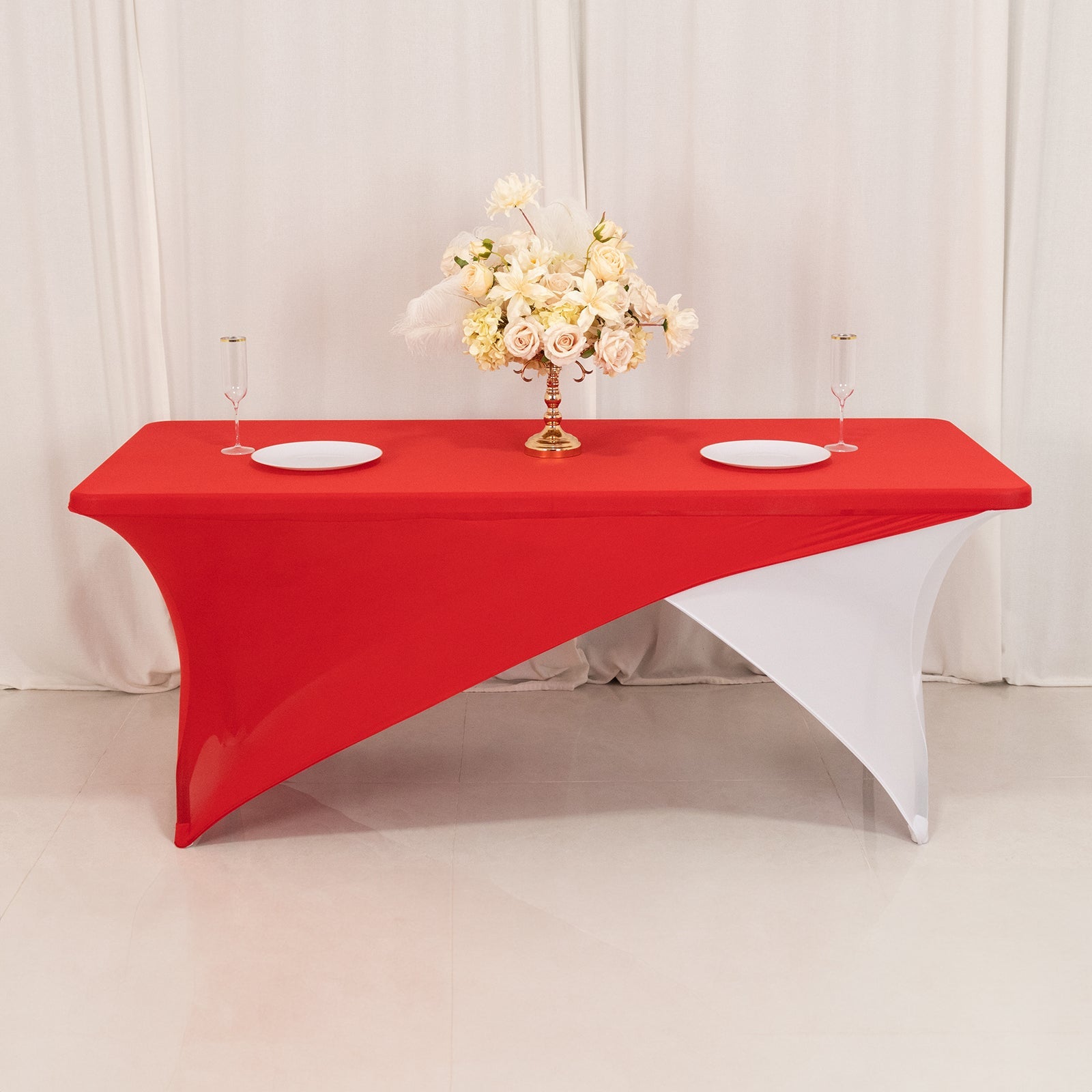 Stretch Spandex 72x30 Rectangle Table Cover Red/White Cross Over Design - Versatile & Sleek Two-Piece Fitted Tablecloth with Elastic Foot Pockets