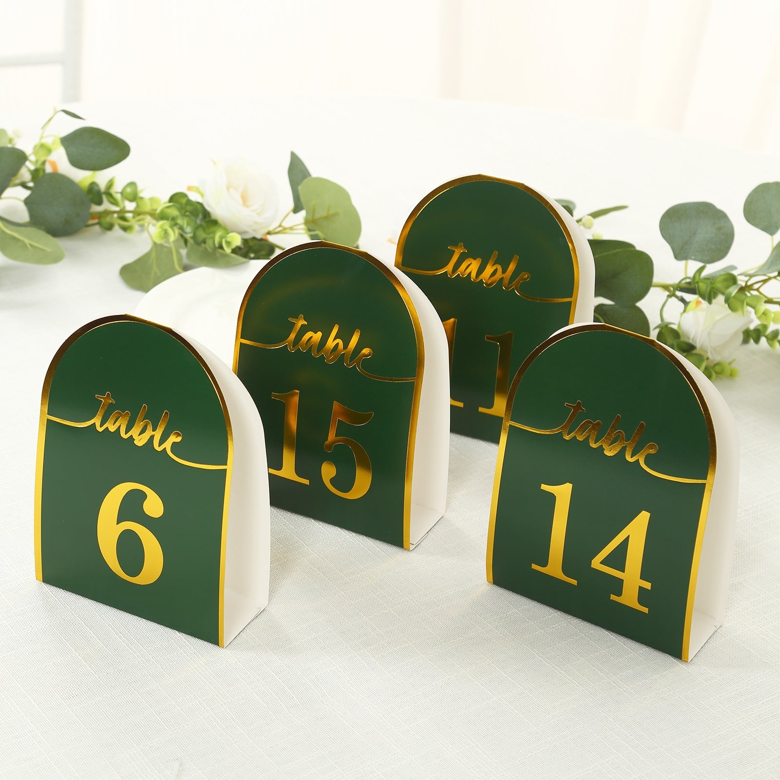 25-Pack Paper Wedding Table Numbers 1-25 Hunter Emerald Green Arch Cutout Design - Sleek & Modern Free Standing Double Sided Table Tent Cards with Metallic Gold Foil Numbers 7