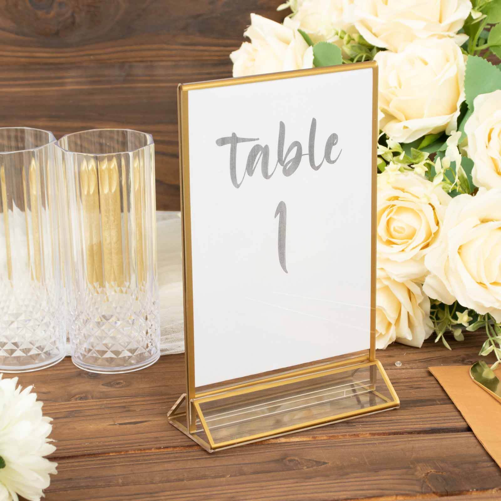 6-Pack Gold Frame Acrylic Table Sign Holders Double-Sided Display for Numbers and Menus - Perfect for Weddings 5x9