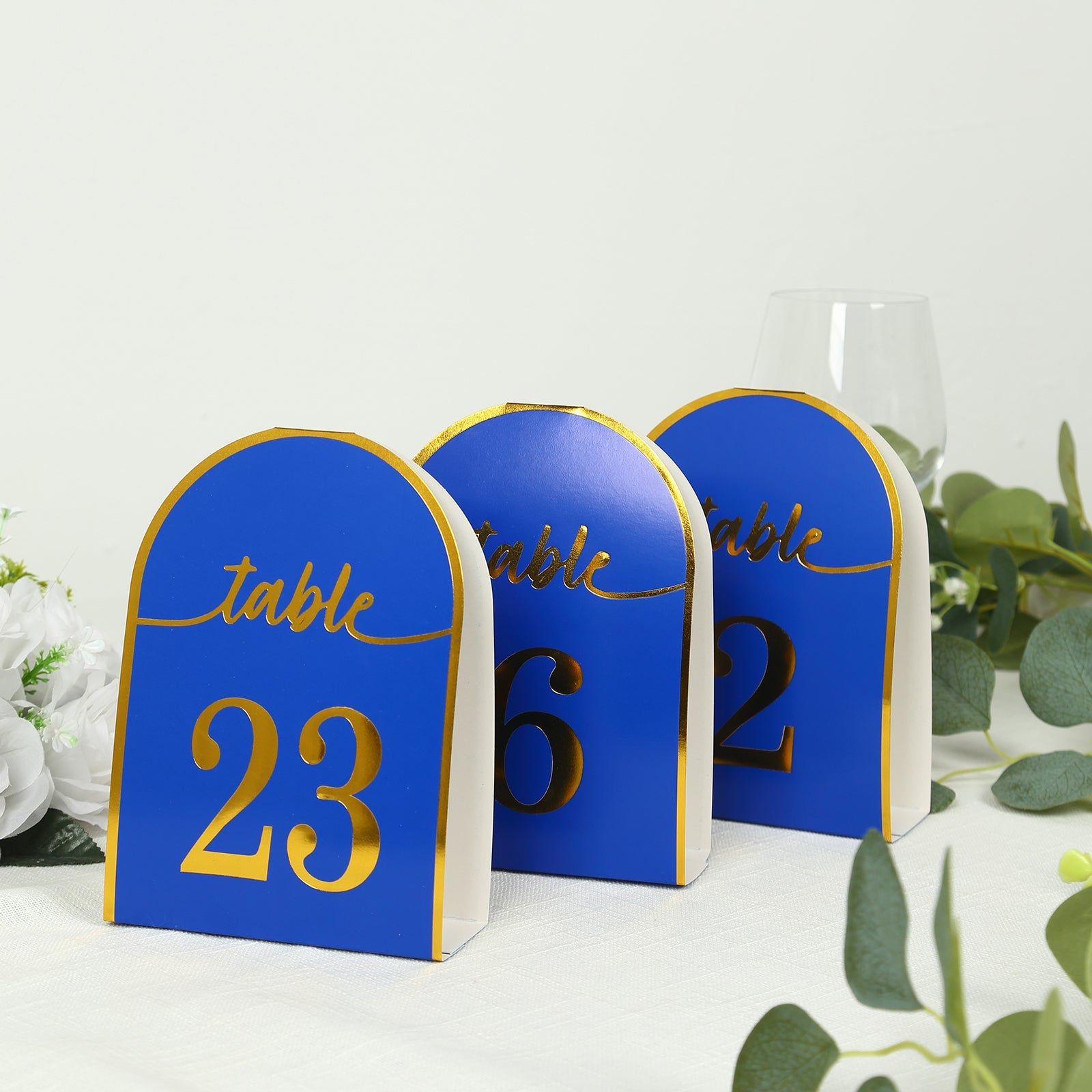 25-Pack Paper Wedding Table Numbers 1-25 Royal Blue Arch Cutout Design - Sleek & Modern Free Standing Double Sided Table Tent Cards with Metallic Gold Foil Numbers 7