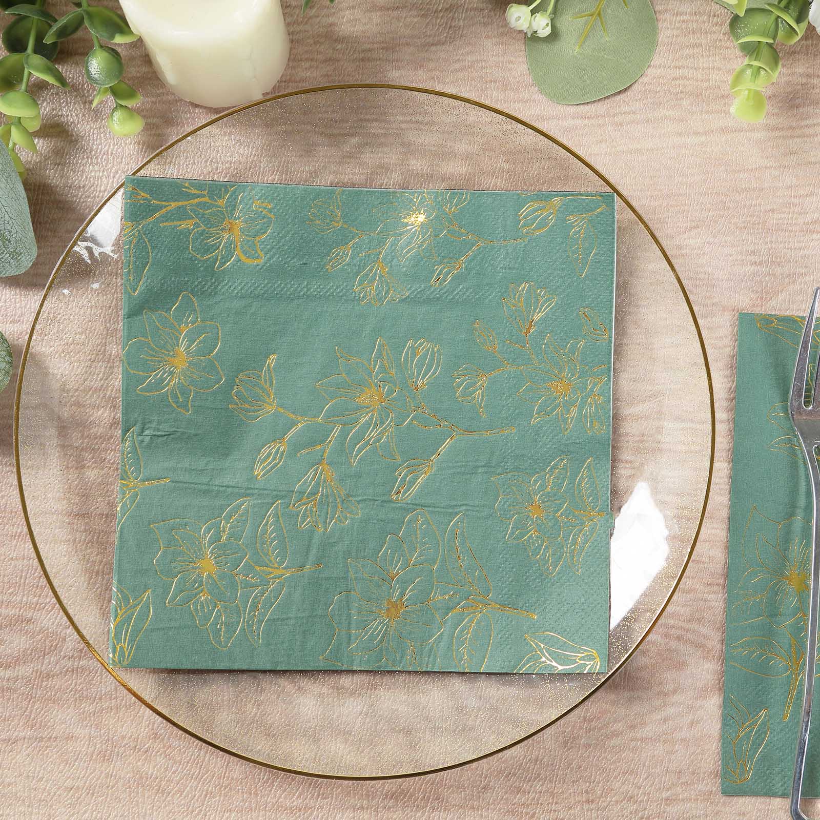 50-Pack Paper Cocktail Napkins with Gold Magnolia Flowers Print Dusty Sage Green - Highly 2 Ply Absorbent Soft Napkins for Beverages