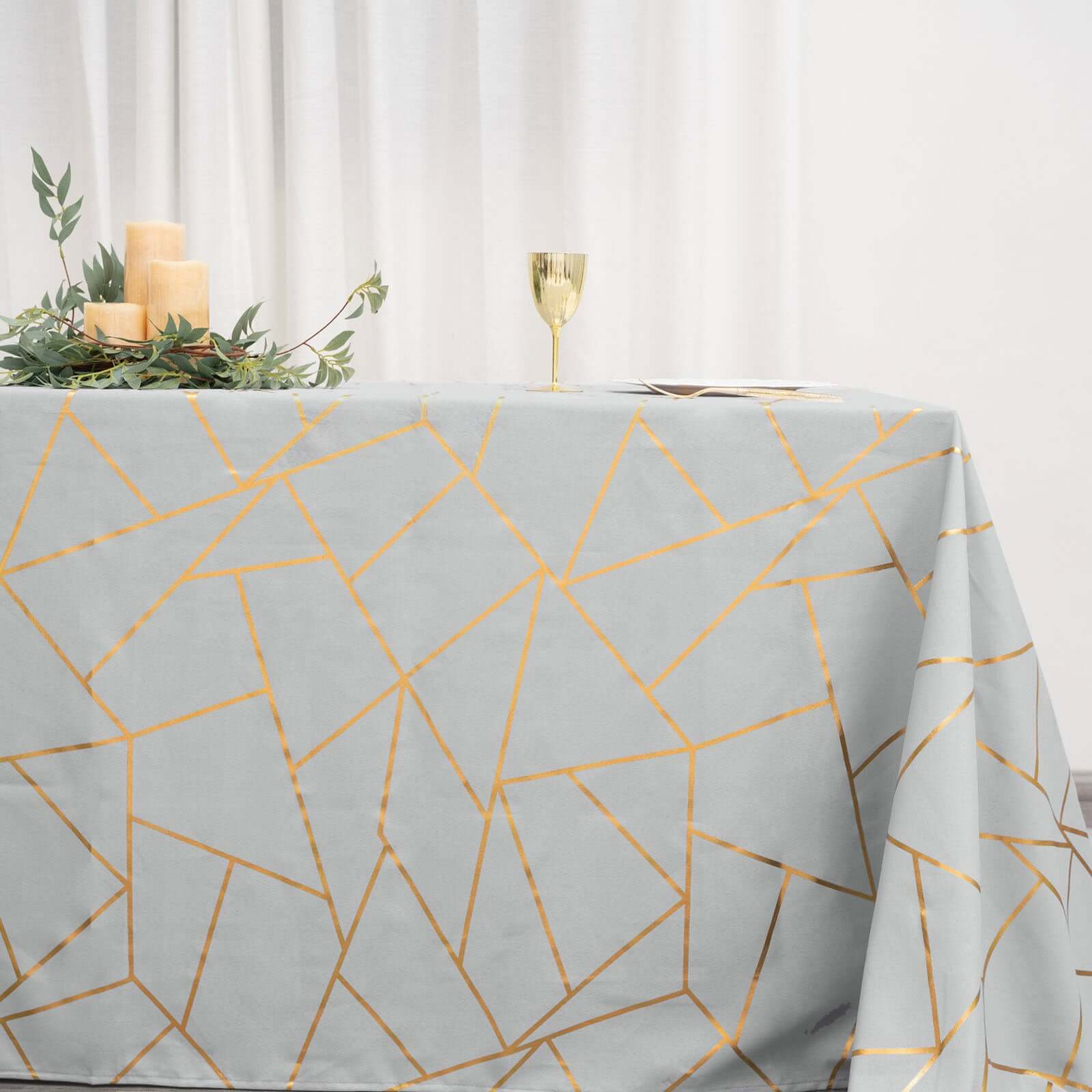 Polyester 90x156 Rectangle Tablecloth Silver Seamless with Gold Foil Geometric Pattern - Wrinkle-Resistant Seamless Table Cover for Sophisticated Events