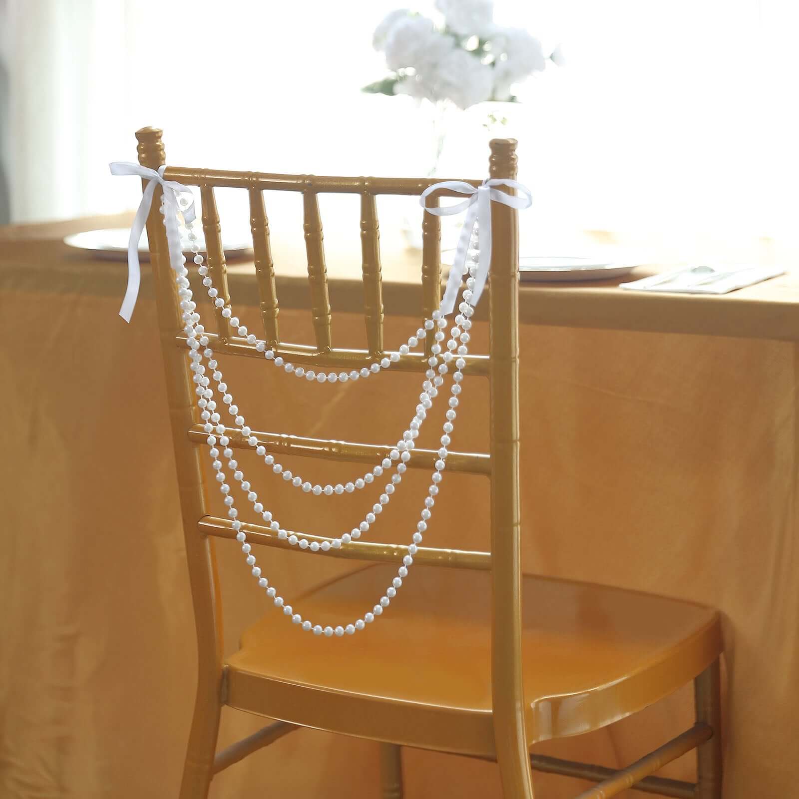 Faux Pearl Beaded 16 Chair Back Garland Sash White Gatsby-Inspired Style - Pre-Tied Chic Wedding Decor for Chiavari Chairs