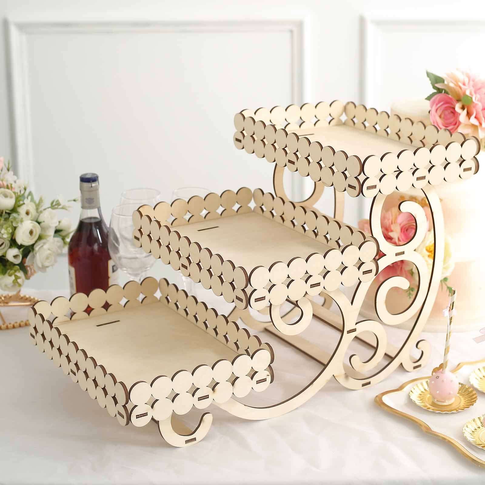 3-Tier Wooden Dessert Display Rectangular Laser Cutout Design Natural - Serving Platter Cupcake Mini Cake Tray 22