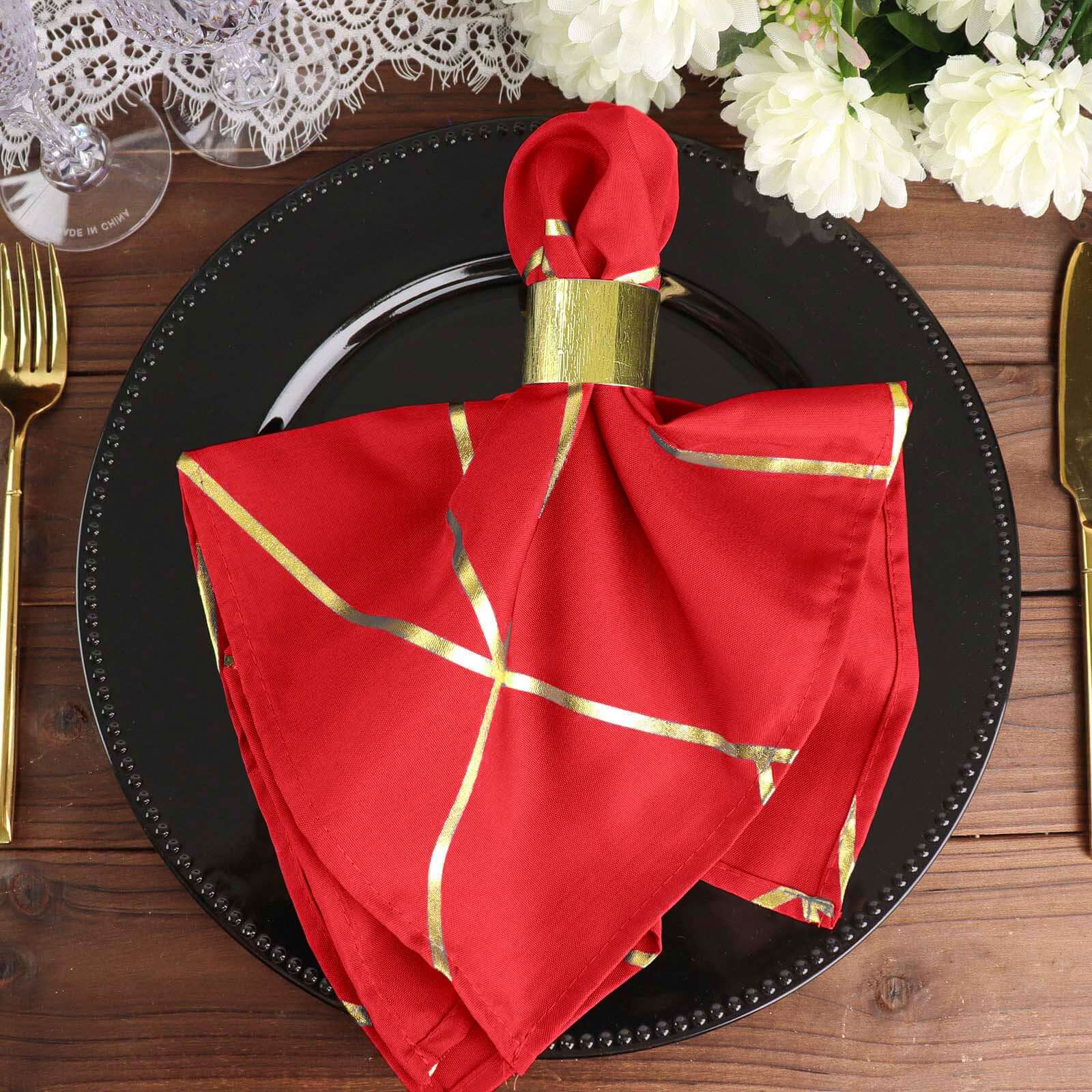 5 Pack Polyester 20x20 Napkins Red with Gold Geometric Foil Pattern - Modern Reusable Dinner Napkins