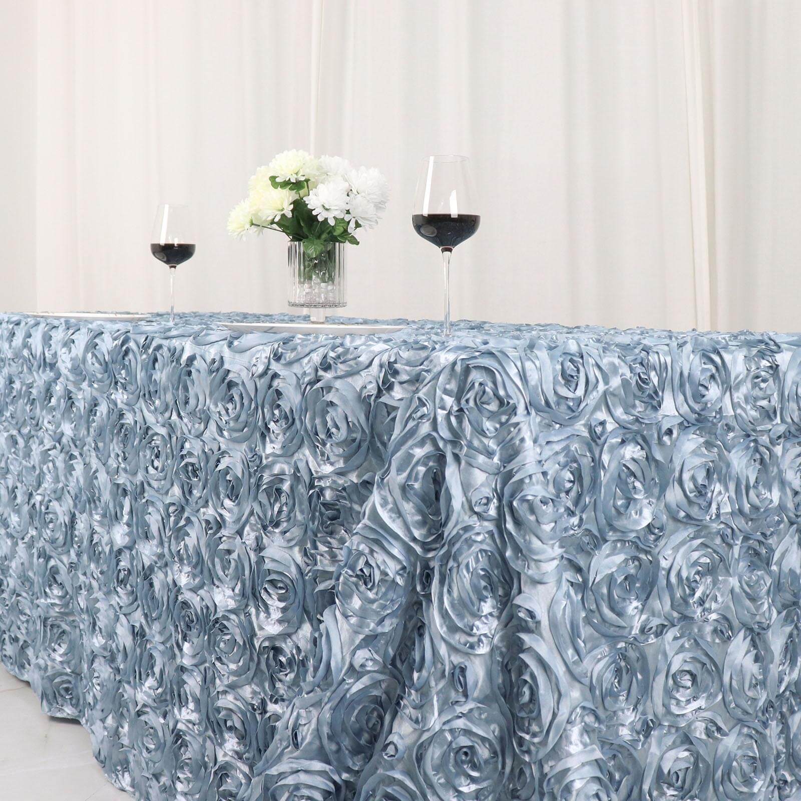 Satin 90x132 Rectangle Tablecloth Dusty Blue - Grandiose 3D Rosette Seamless Table Cover