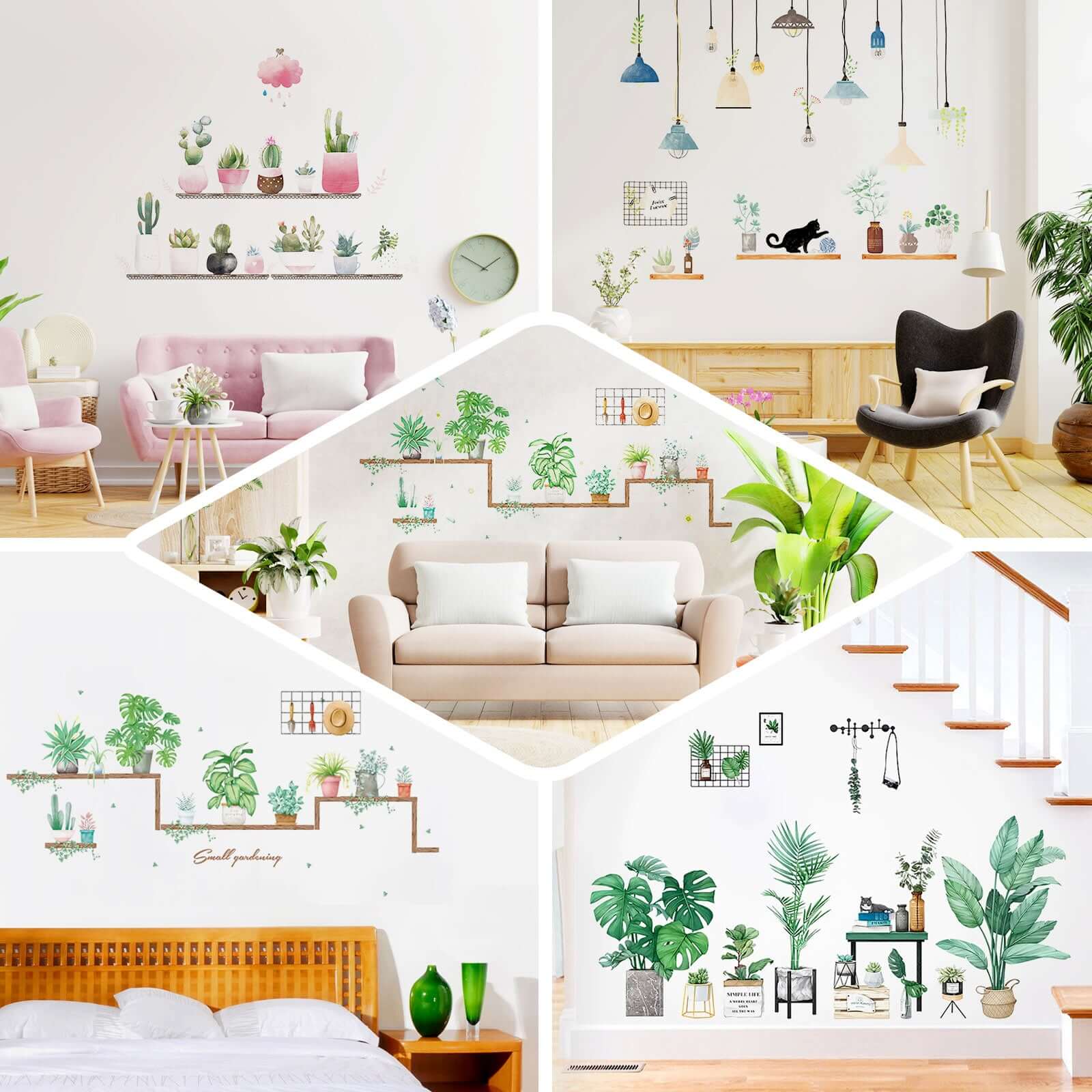 Potted Plants on Shelves and Lamps Wall Decals, Peel and Stick Decor Stickers