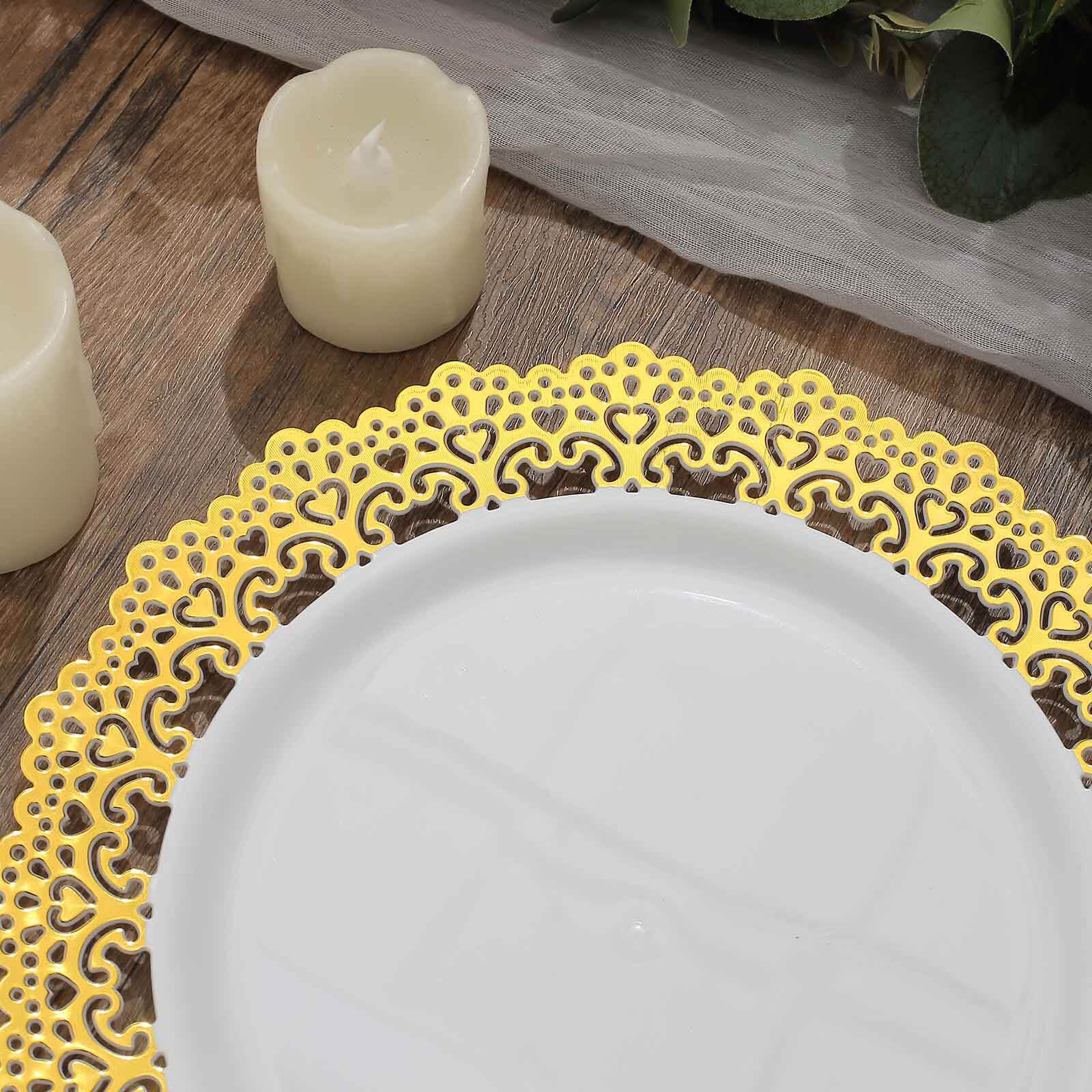 10-Pack Plastic 10 Round Dinner Plates in White with Gold Lace Rim - Disposable Party Plates for Classy Events & Banquets