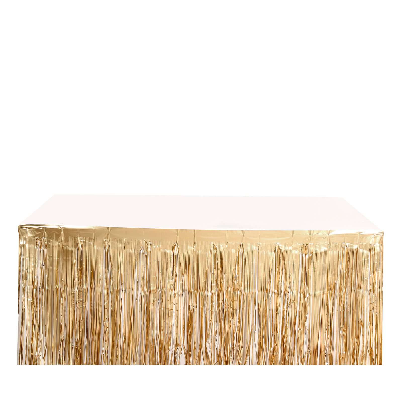 Metallic Foil Fringe Table Skirt Matte Gold with Self Adhesive Backing - Durable Tinsel Skirt for Parties 30x9ft