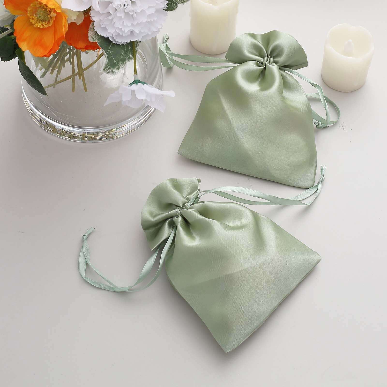 12 Pack 5x7 Sage Green Satin Drawstring Wedding Party Favor Gift Bags, Drawstring Pouch Gift Bags