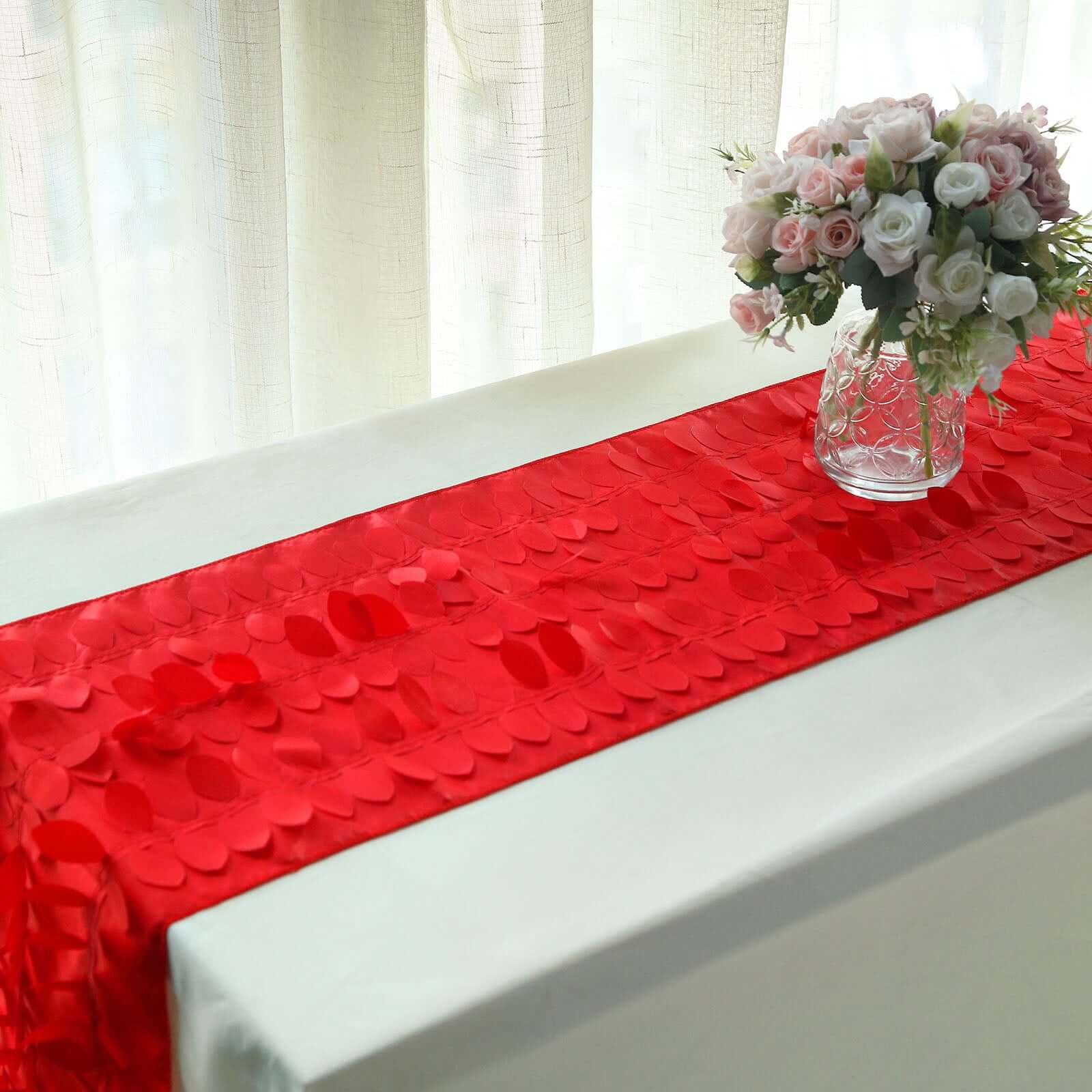 Taffeta Fabric 12x108 Table Runner Red - 3D Leaf Petal Design