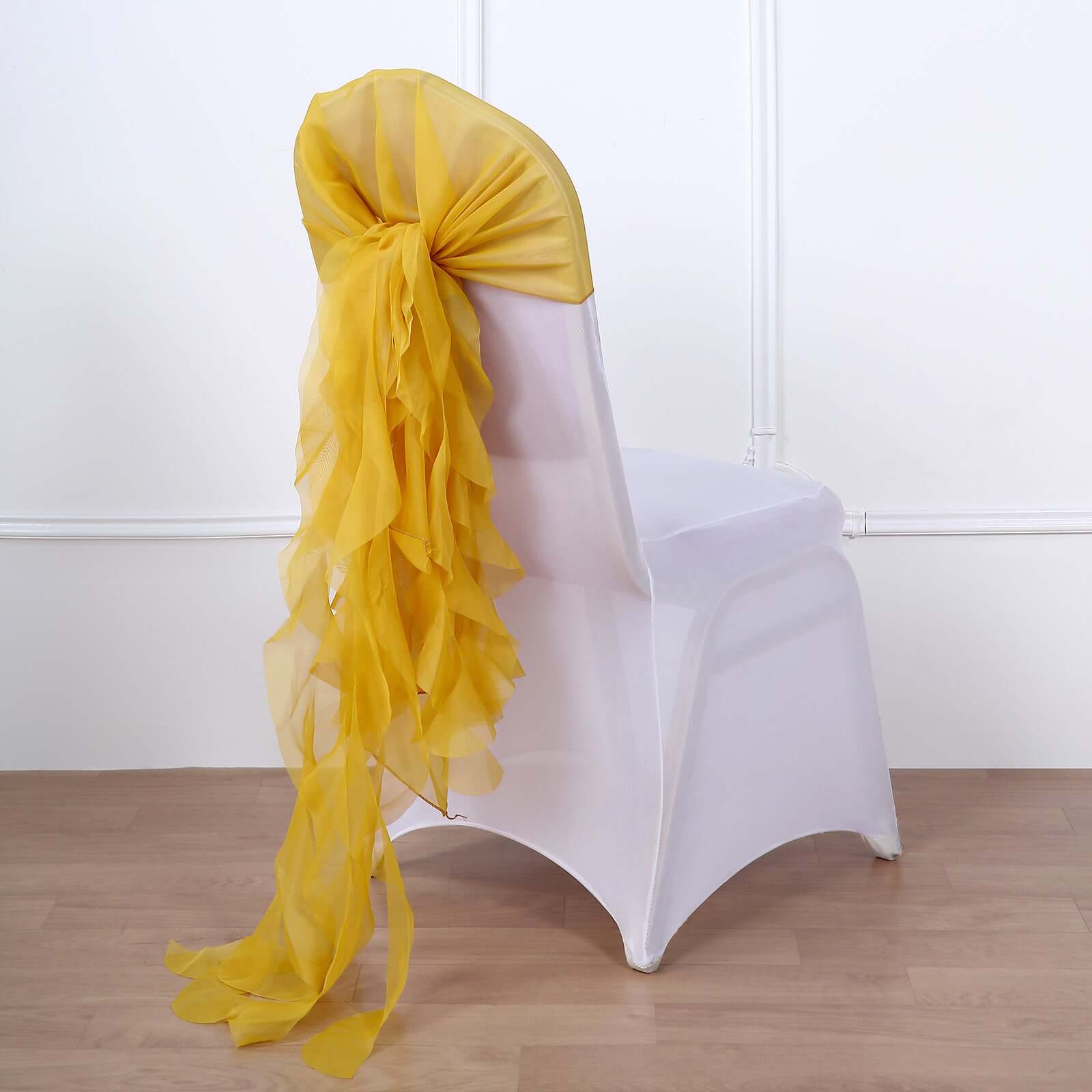 1 Set Chiffon Hoods Chair Sashes with Willow Ruffles Design Mustard Yellow - Stylish Chair Bow Decor