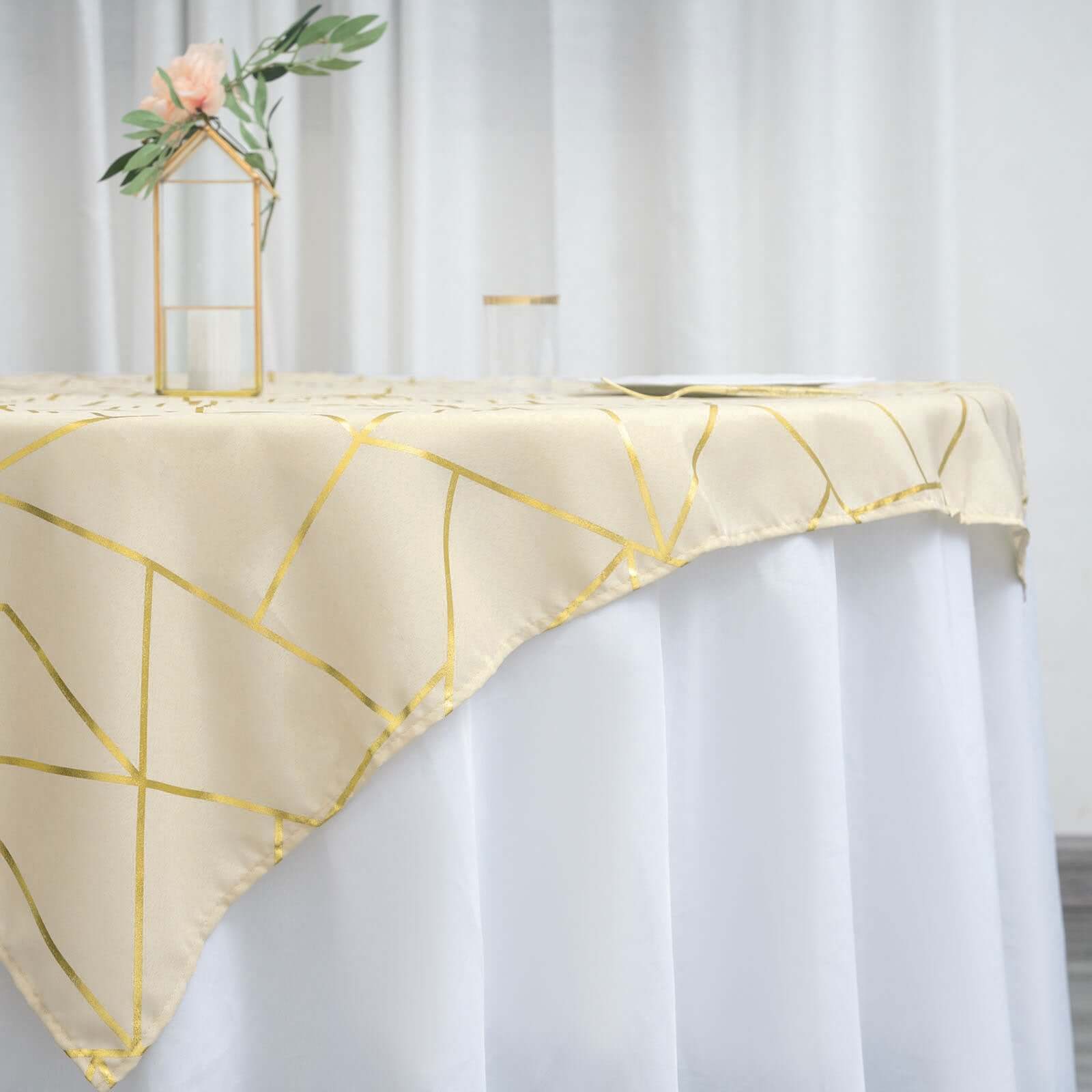 Polyester 54x54 Table Overlay Square Tablecloth Beige with Gold Foil Geometric Pattern - Wrinkle-Resistant & Durable Table Topper