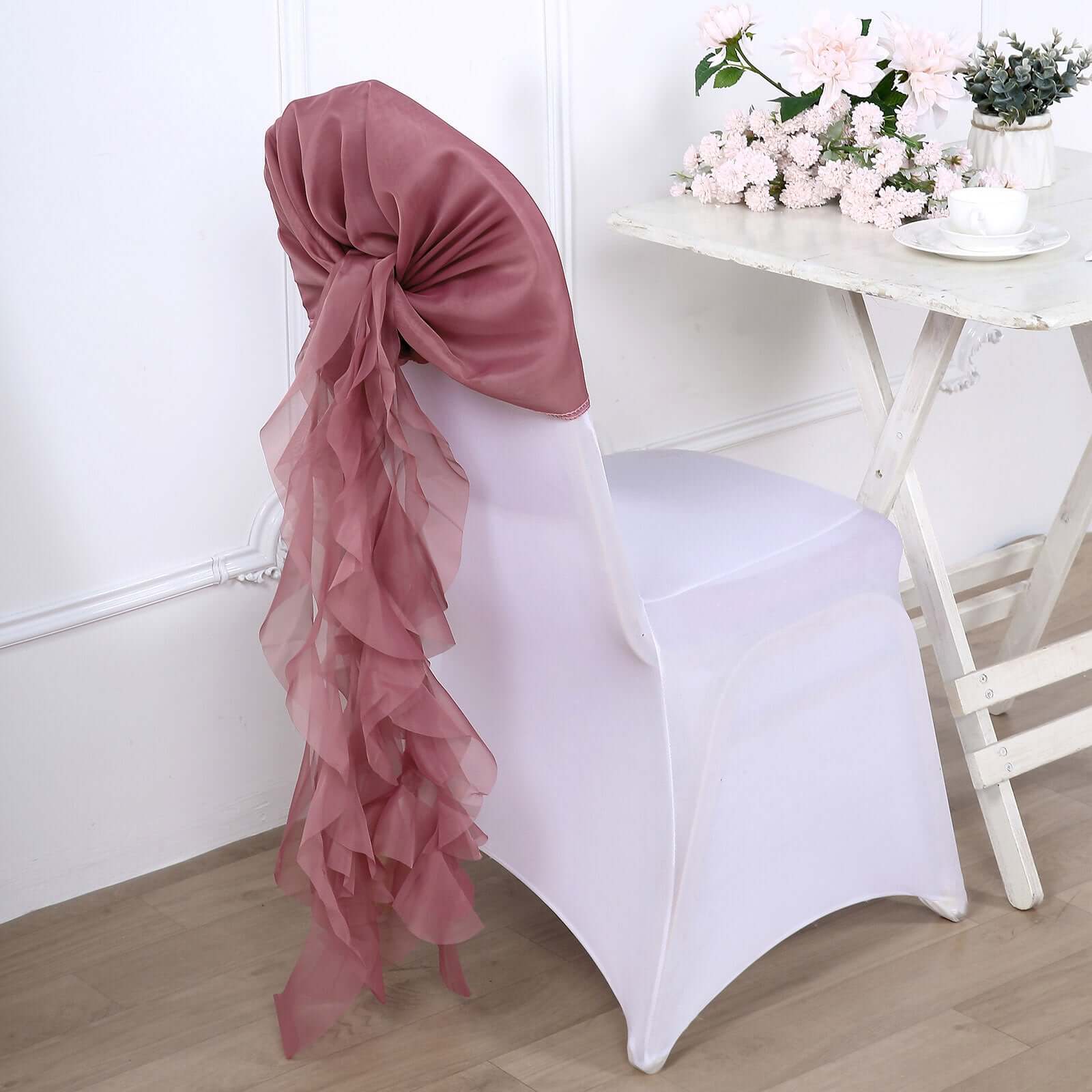 1 Set Chiffon Hoods Chair Sashes with Willow Ruffles Design Mauve Cinnamon Rose - Stylish Chair Bow Decor