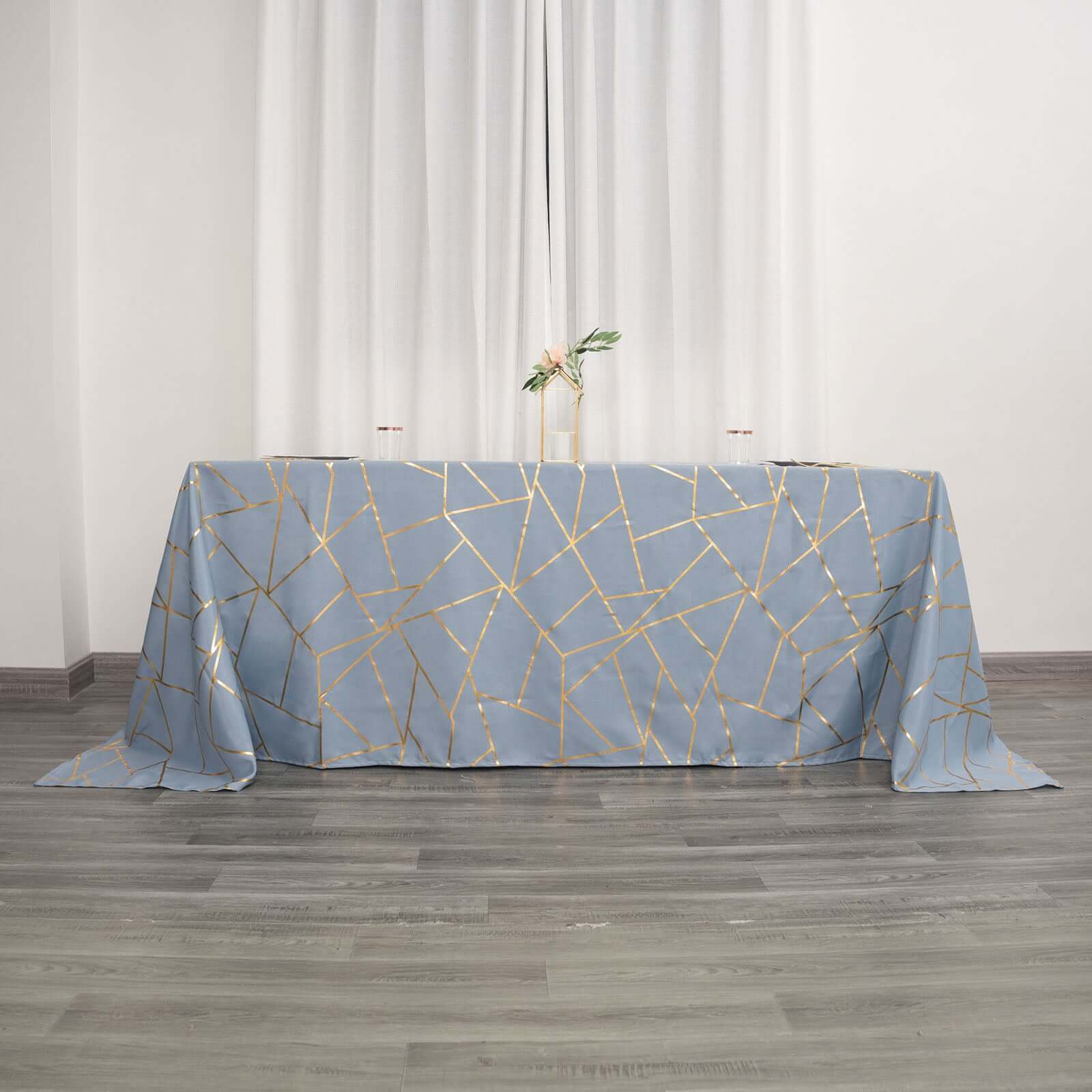 Polyester 60x132 Rectangle Tablecloth Dusty Blue with Gold Foil Geometric Pattern - Wrinkle-Resistant & Durable Table Cover for Weddings & Events