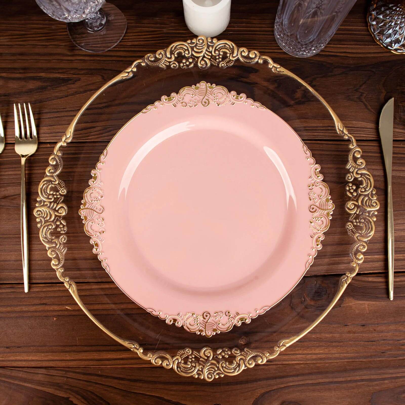 10-Pack Plastic 10 Round Dinner Plates in Dusty Rose with Gold Leaf Embossed Rim - Disposable Vintage Baroque Style Plates