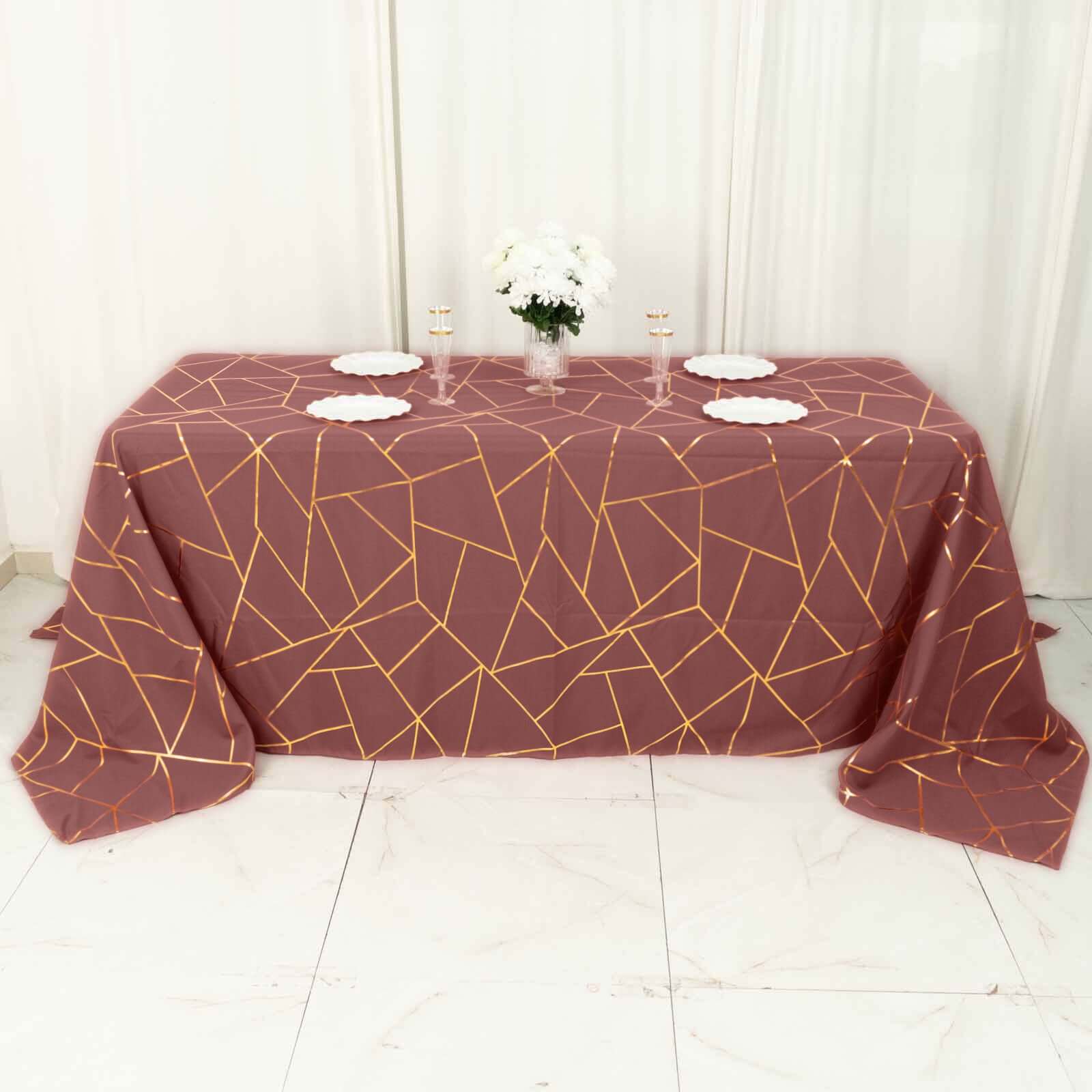 Polyester 60x132 Rectangle Tablecloth Cinnamon Rose with Gold Foil Geometric Pattern - Wrinkle-Resistant and Durable Table Cover for Weddings & Events