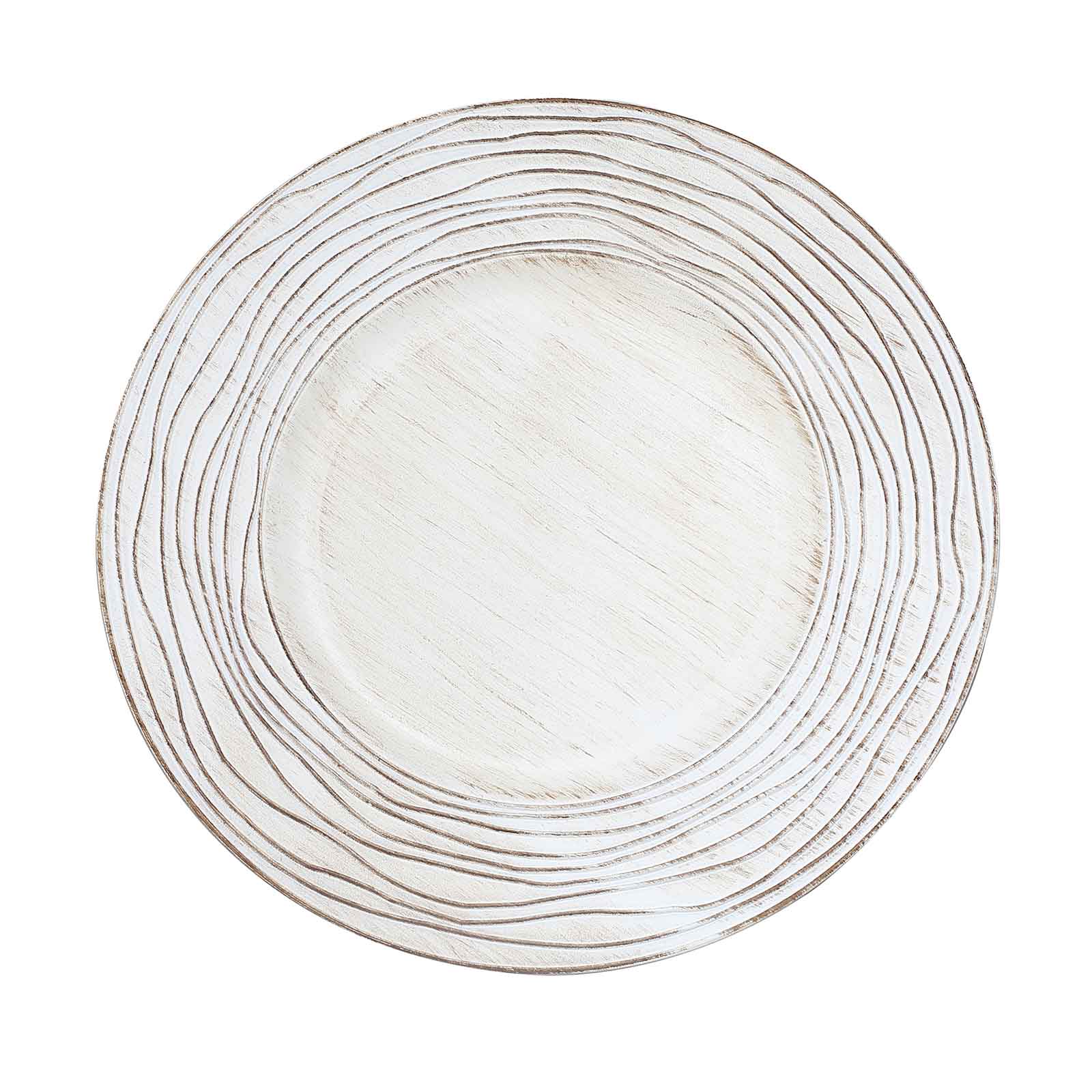 6-Pack Faux Wood Round Charger Plates 13 White Washed with Rose Embossed Rim, Disposable Plastic Charger Tableware