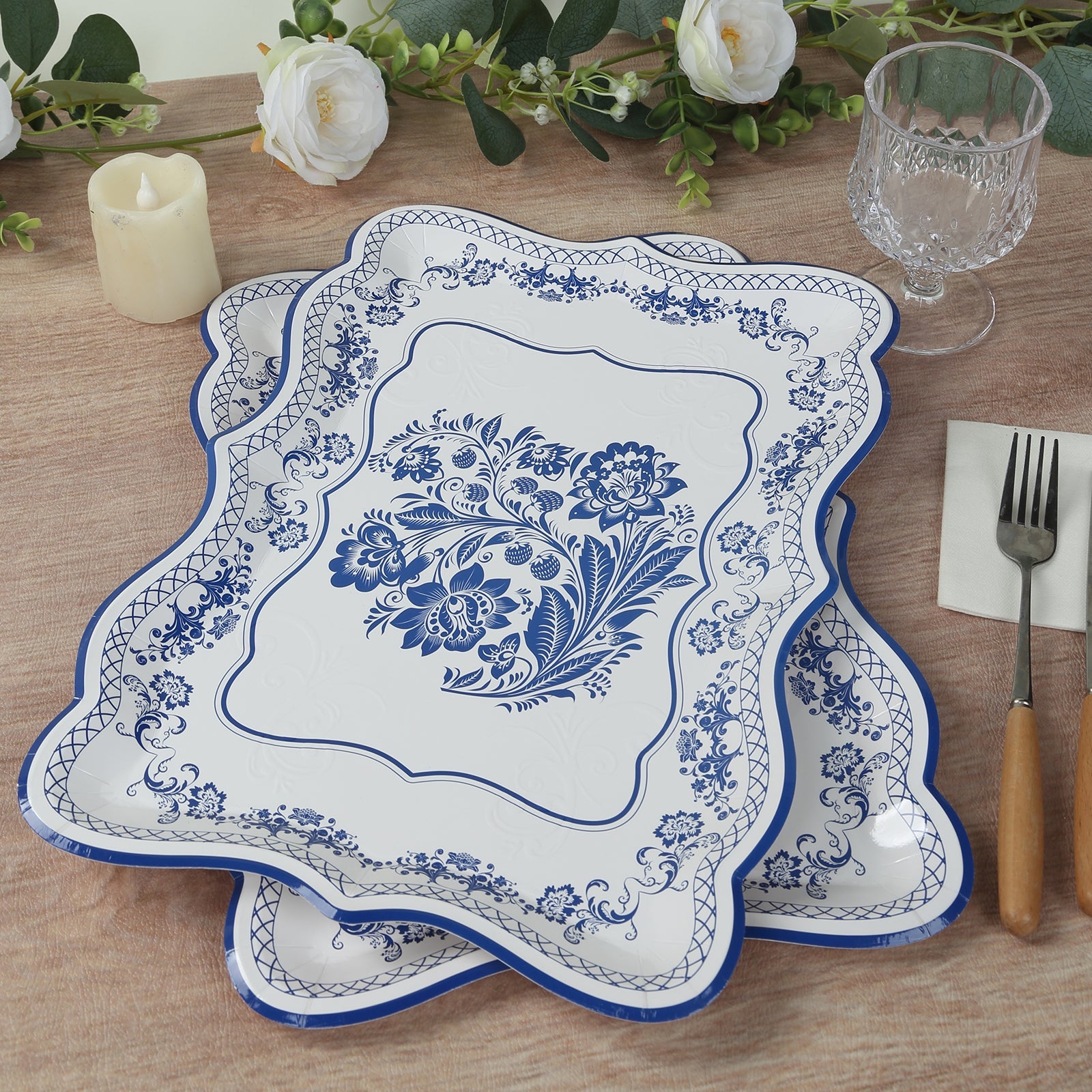 10-Pack Paper 14x10 Rectangle Serving Trays White Royal Blue Damask Floral Pattern - Heavy Duty Disposable 400GSM Cardboard Party Platters for Weddings & Parties