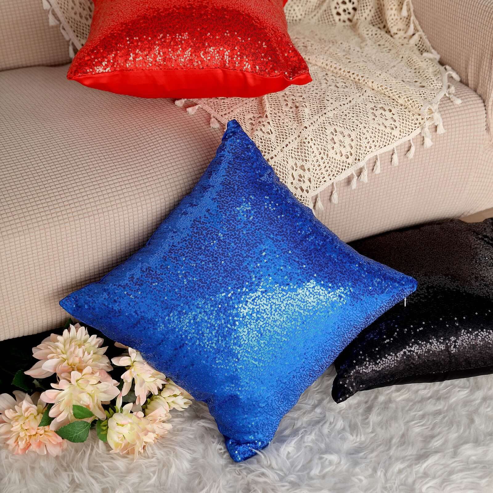 2 Pack 18x18 Sequin Throw Pillow Cover, Decorative Cushion Case - Square Royal Blue Sequin