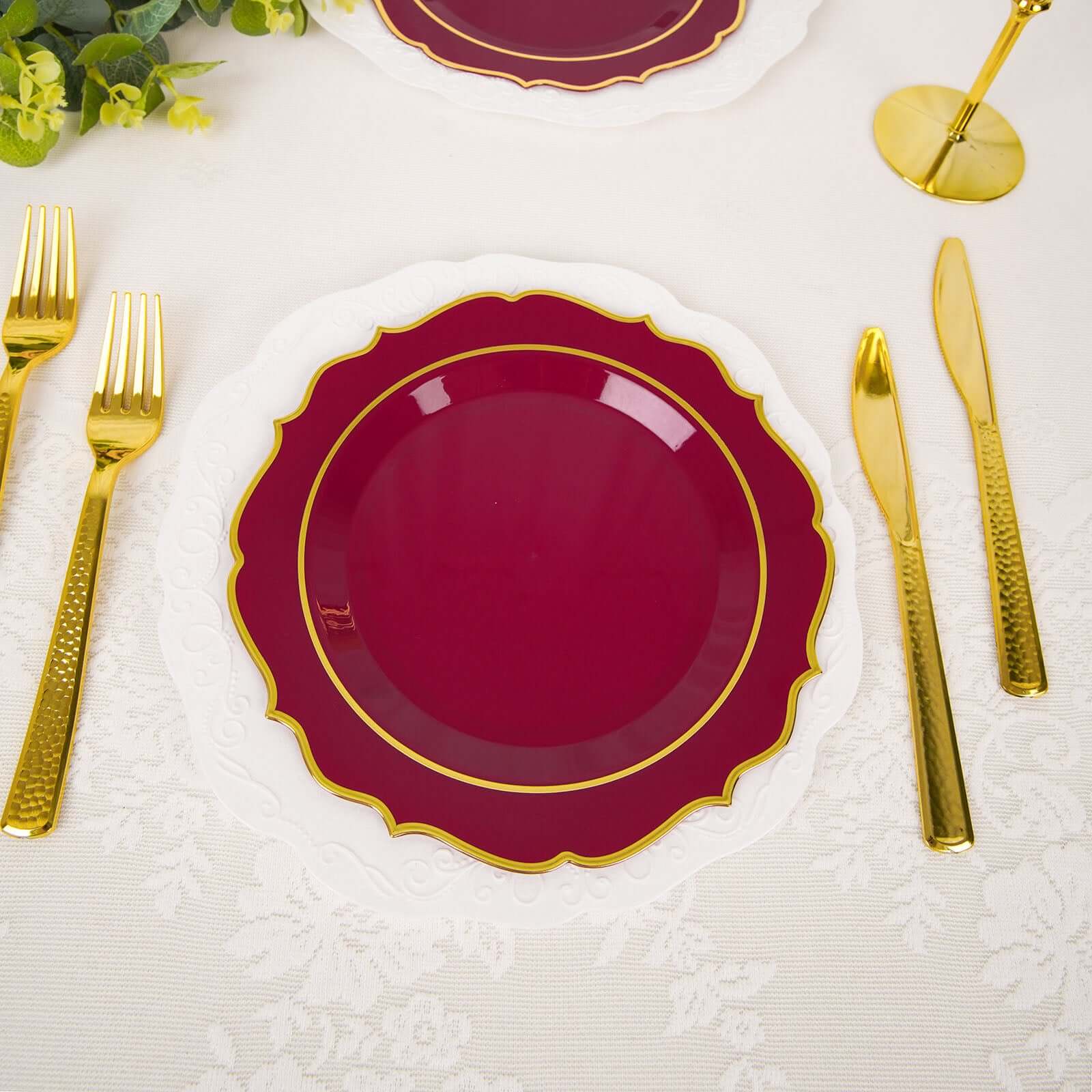 10-Pack Plastic 8 Round Desert Plates in Burgundy with Gold Scalloped Rim - Disposable Appetizer/Salad Plates