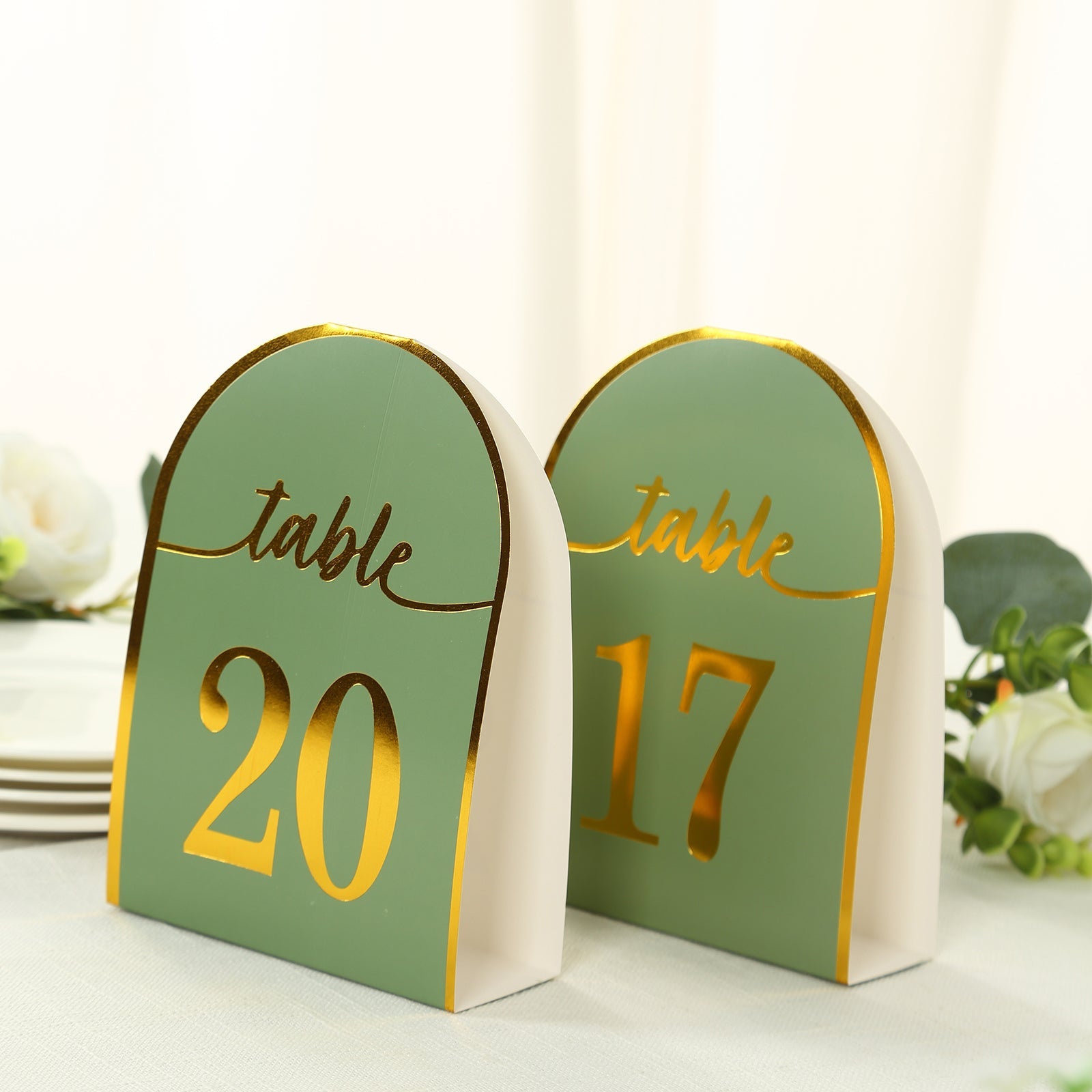 25-Pack Paper Wedding Table Numbers 1-25 Sage Green Arch Cutout Design - Sleek & Modern Free Standing Double Sided Table Tent Cards with Metallic Gold Foil Numbers 7