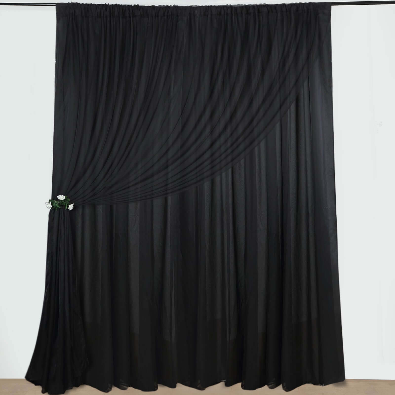 Black Chiffon Polyester Event Curtain Drapes, Dual Layer Divider Backdrop Curtain Panels with Rod Pockets - 10ftx10ft