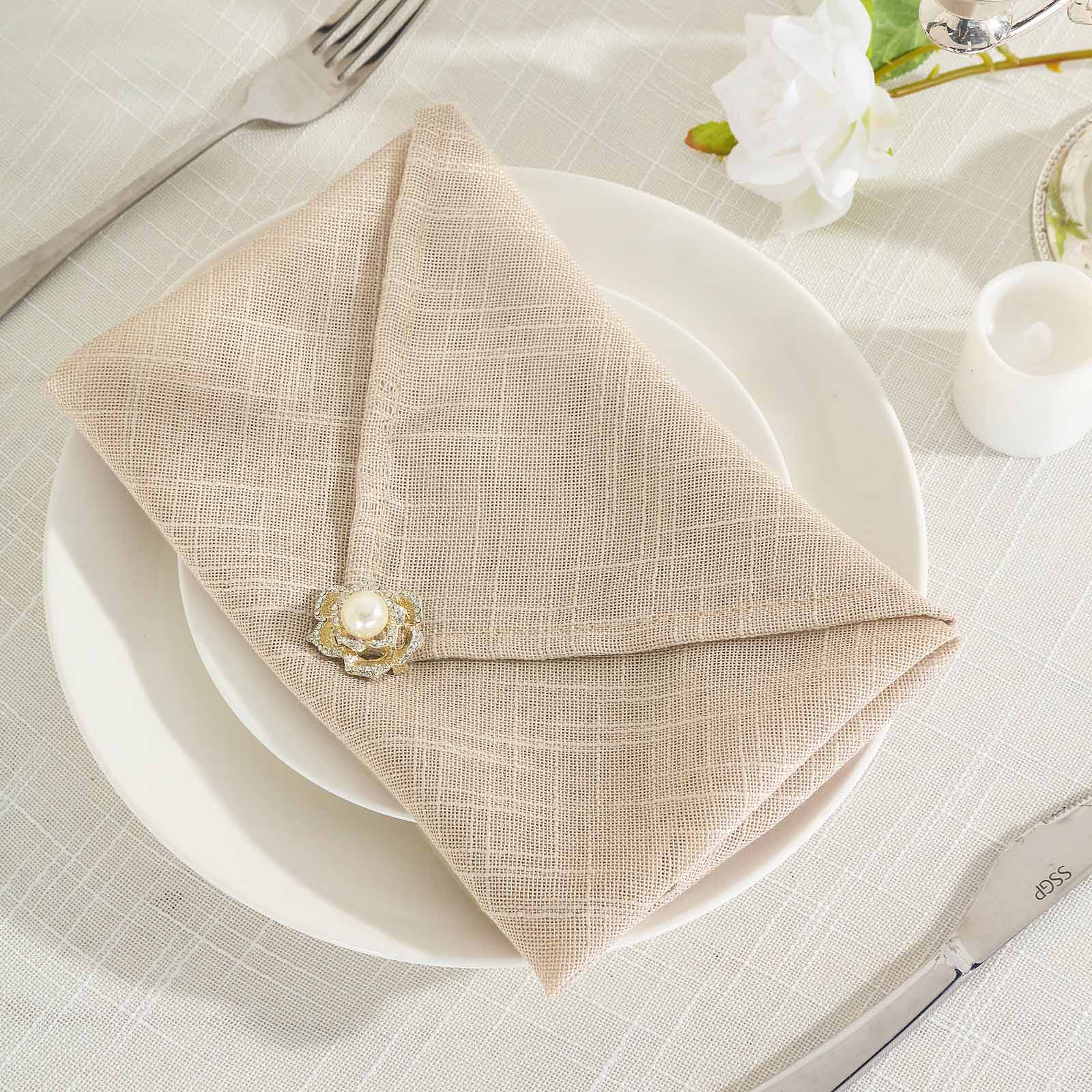 5 Pack Faux Linen 20x20 Napkins Beige - Slubby Textured & Wrinkle Resistant Cloth Napkins